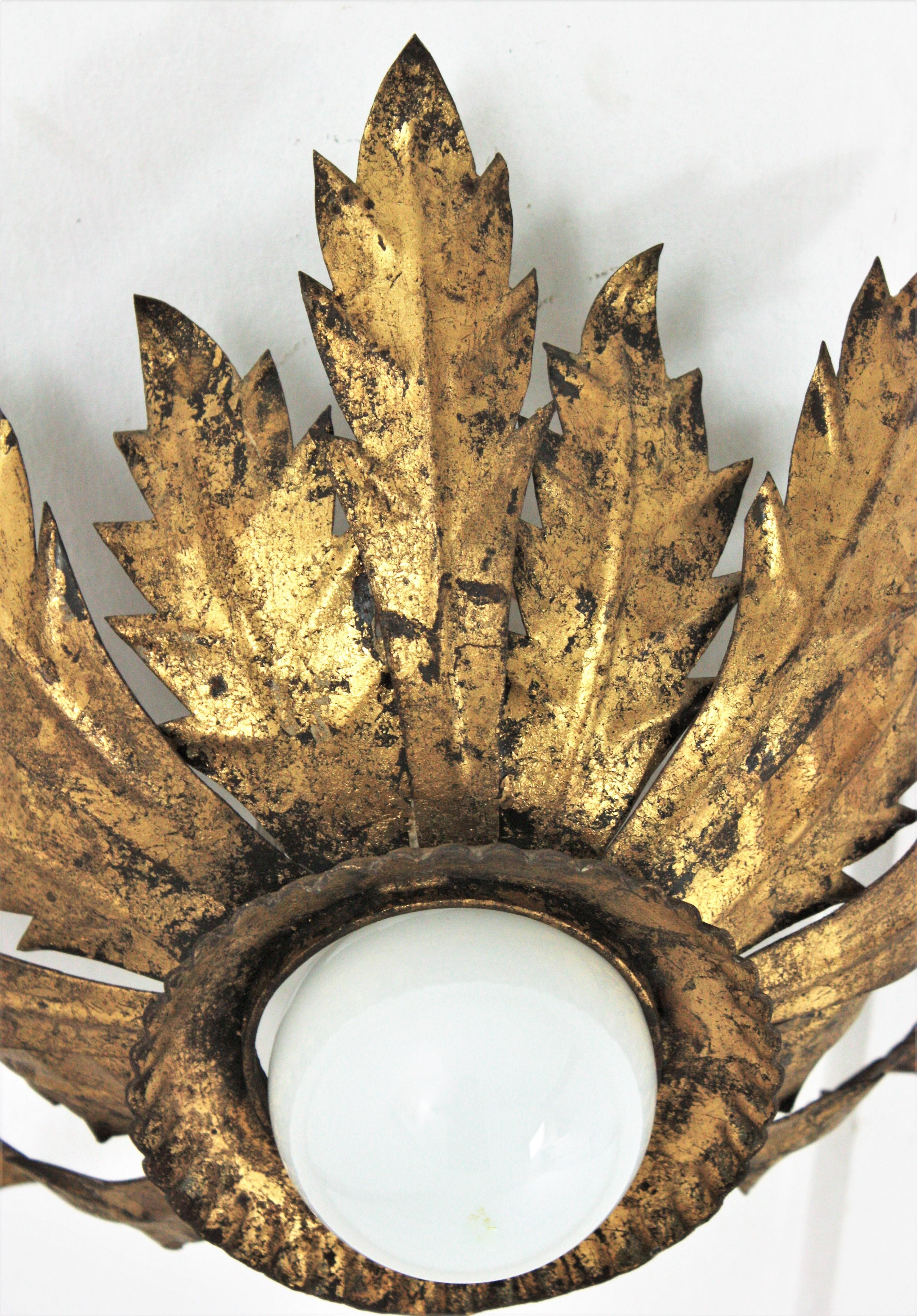 20th Century Leafed Crown Sunburst Light Fixture in Gold Gilt Metal For Sale