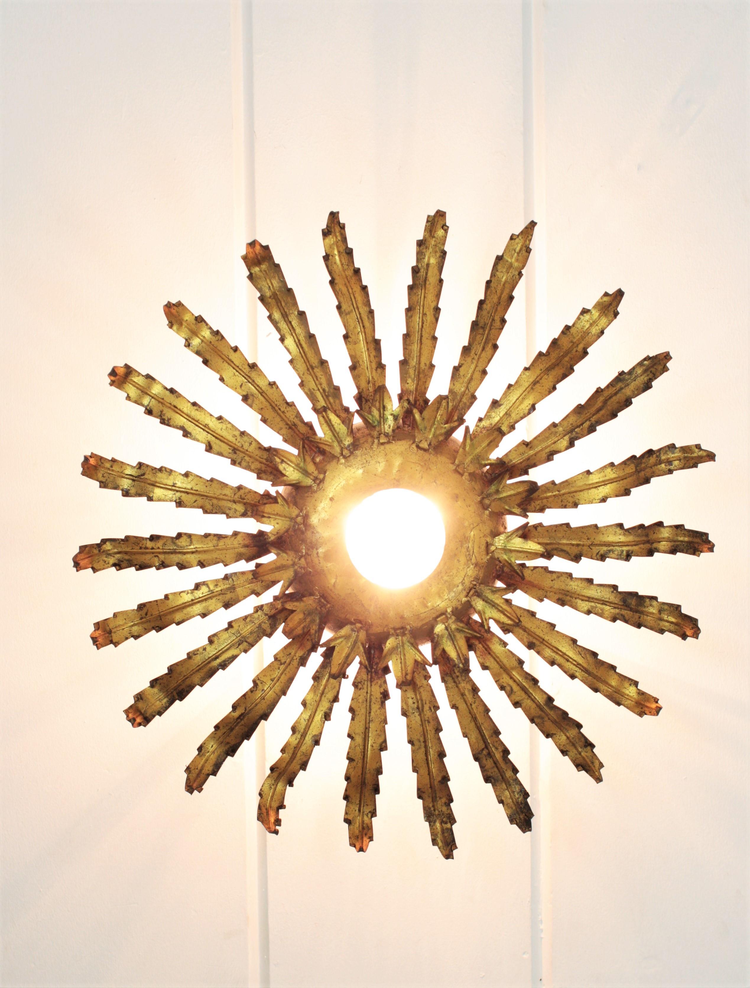 20th Century Sunburst Leafed Light Fixture in Gilt Metal, 1960s For Sale