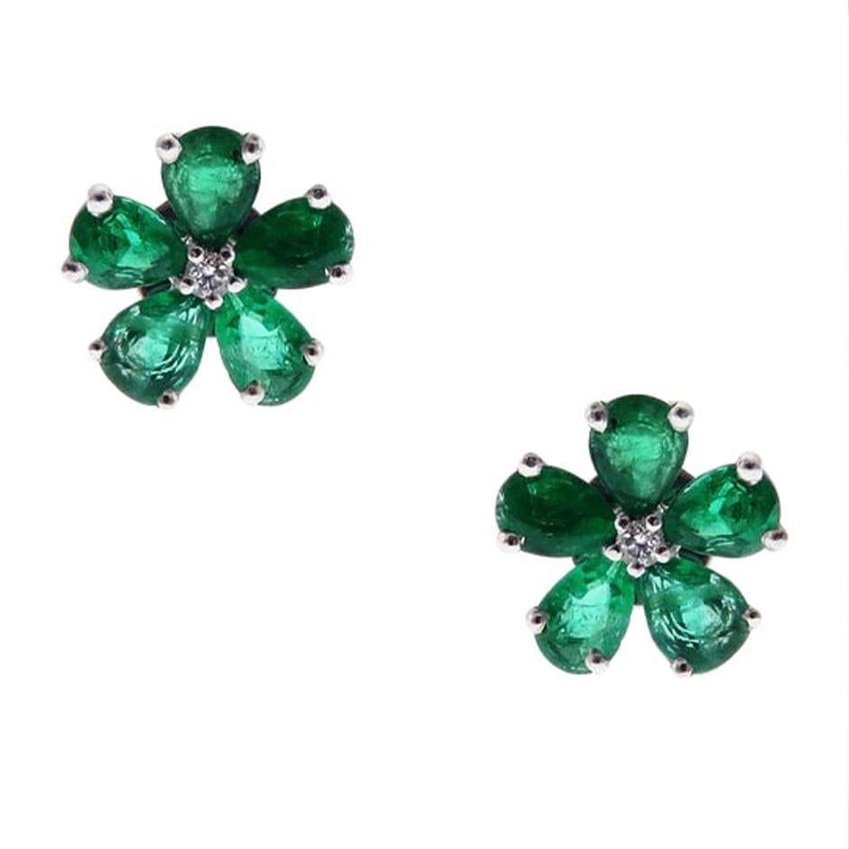 Modern Leafie Flower Emerald Earrings For Sale
