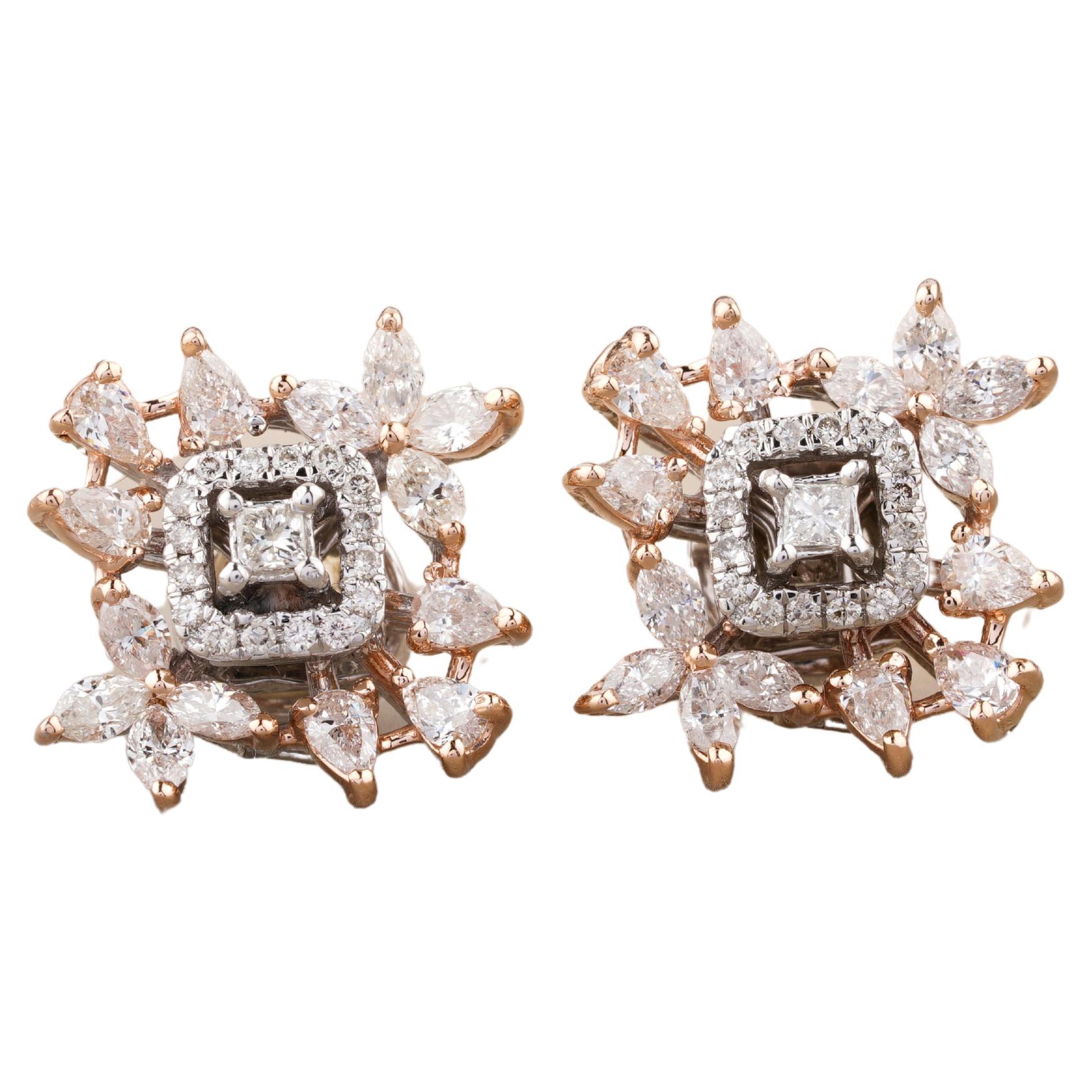 Leaflet Design Stud Fancy Diamond Earrings In Dual Tone Set in 18K Solid Gold For Sale