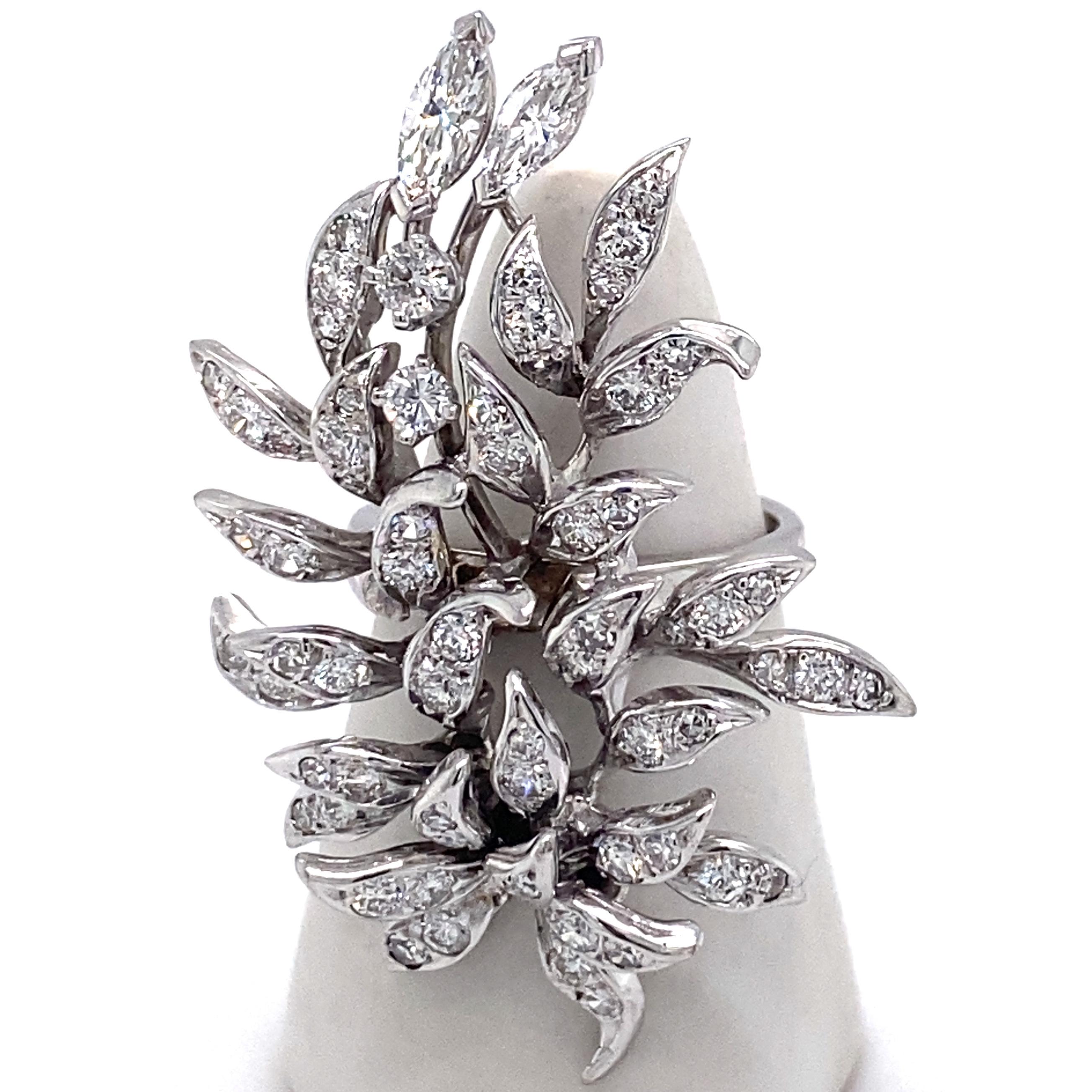 Leafy 1970s Cocktail Ring in White Gold with 1 Carat Full- & Single-Cut Diamonds 2