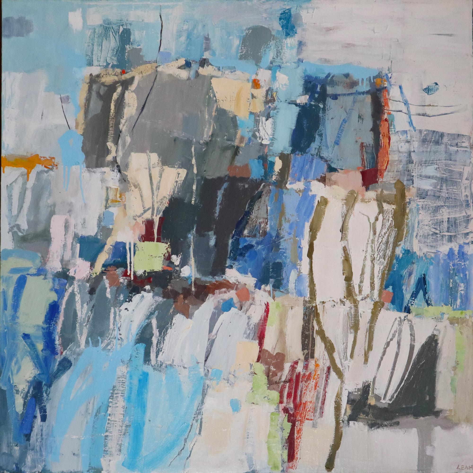 Abstract Painting di Leah Thiessen - "Sotto le rocce" Quadro astratto con toni blu, verdi e rossi