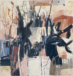 "Nature's New Growth" pittura astratta ad olio con bianchi, neri, beige e marroni