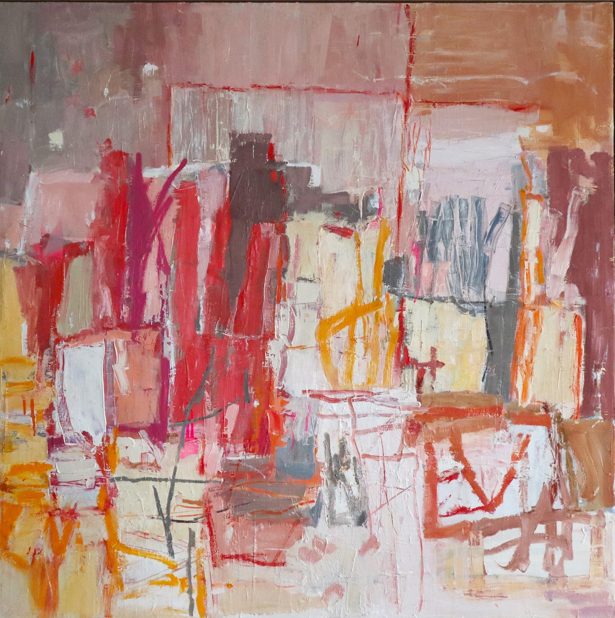 Leah Thiessen Abstract Painting - "Under A Pink Sky" Abstract work with pink and yellow brushstrokes