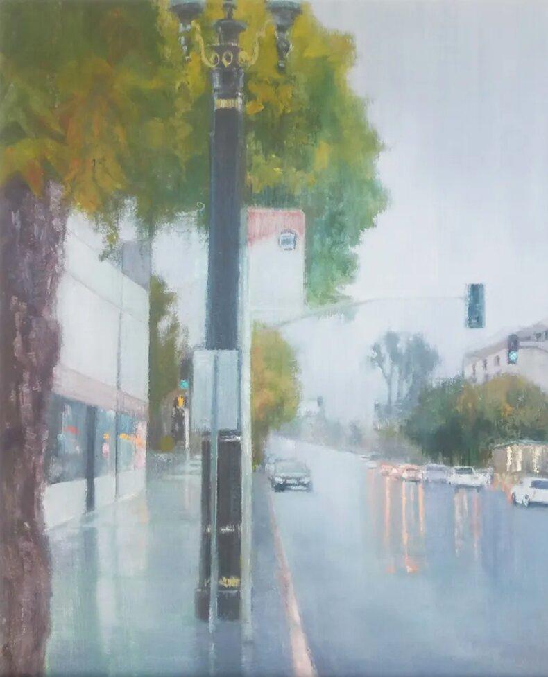 Leah Younker Landscape Painting - Impressionist Rainy Cityscape, "Rainy Day, Adams Avenue"