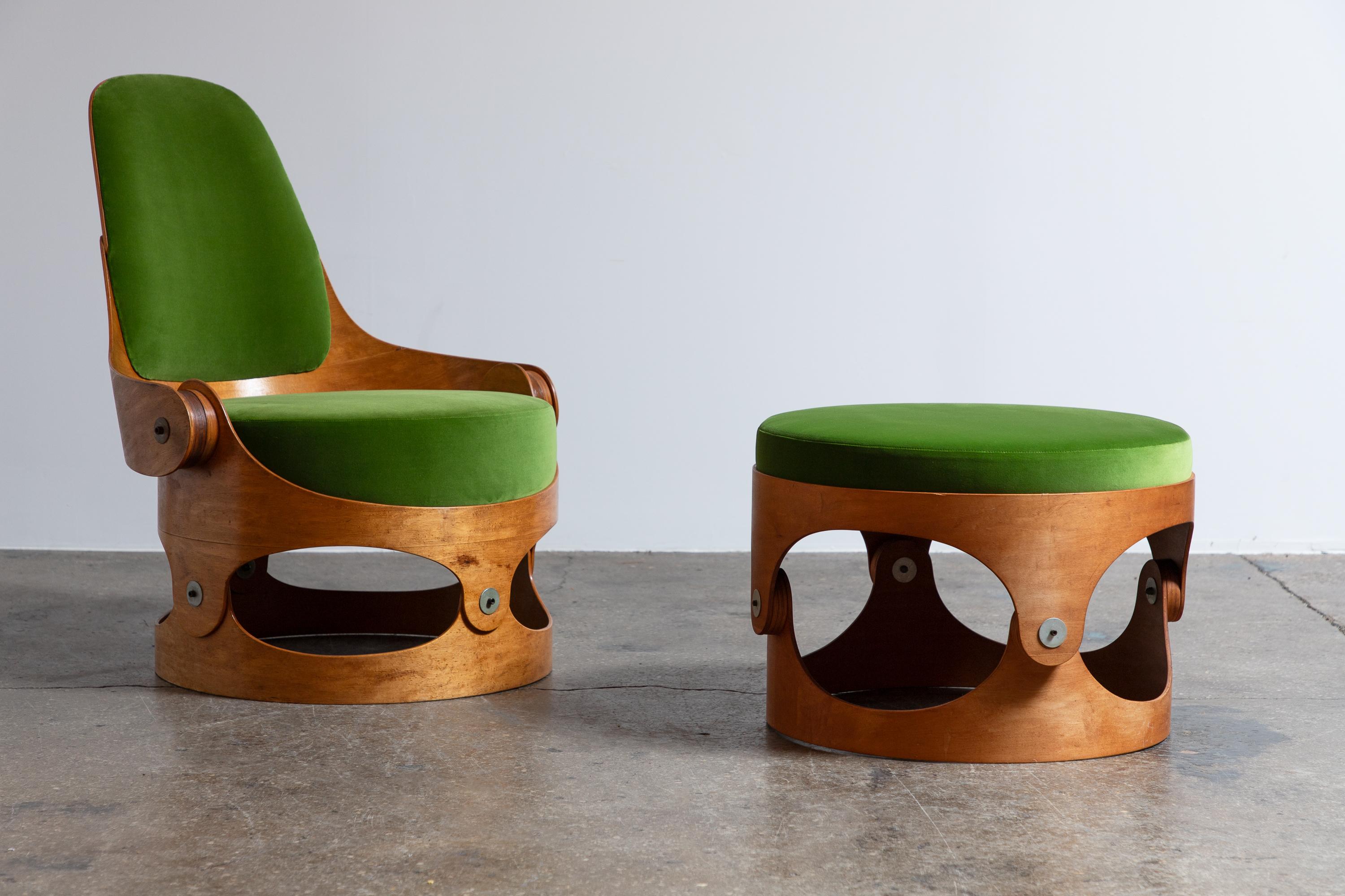 Mid-Century Modern Leandre Poisson Modernist Bent Plywood Upholstered Chair in Schumacher Velvet For Sale
