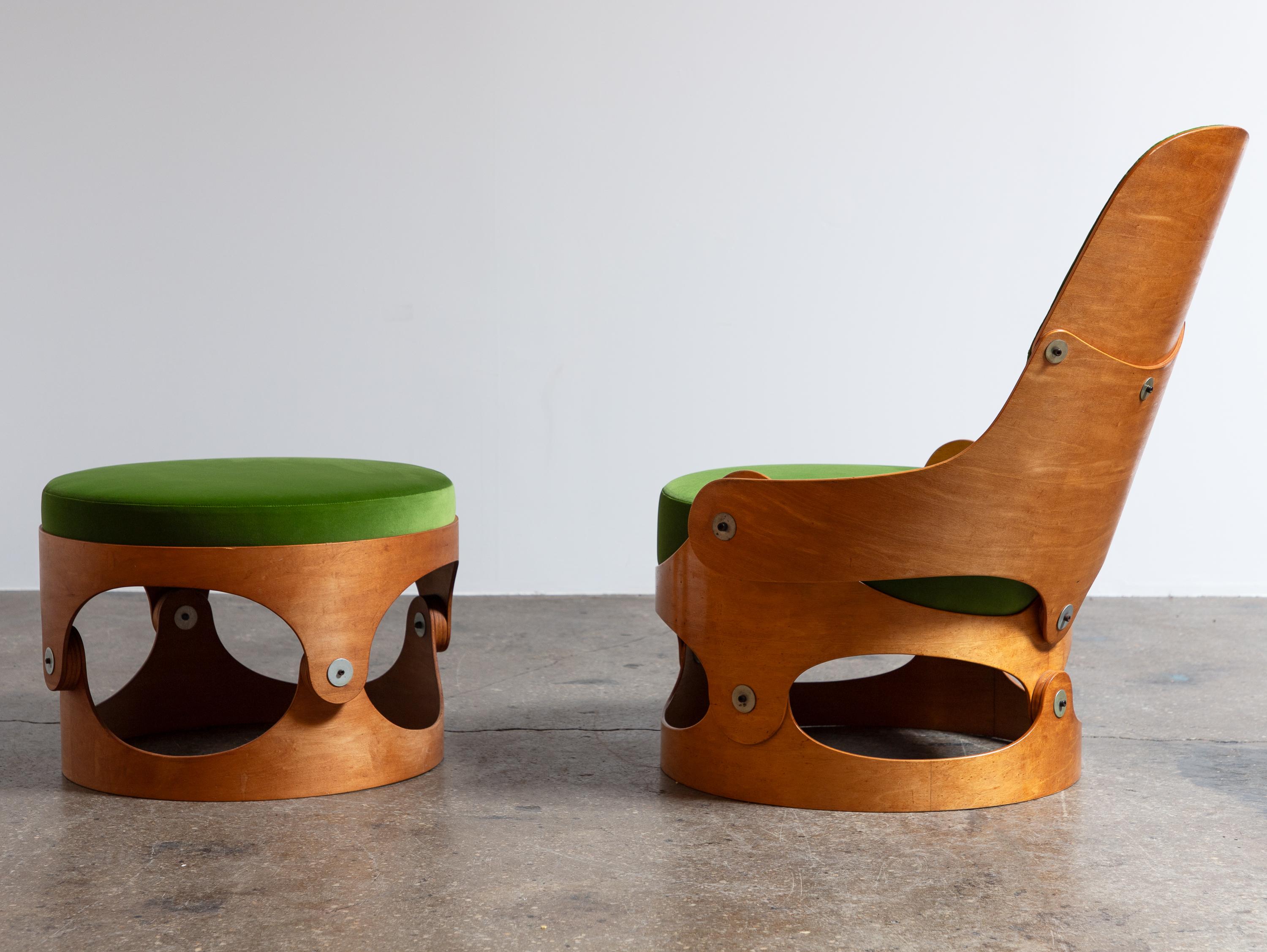 Molded Leandre Poisson Modernist Bent Plywood Upholstered Chair in Schumacher Velvet For Sale