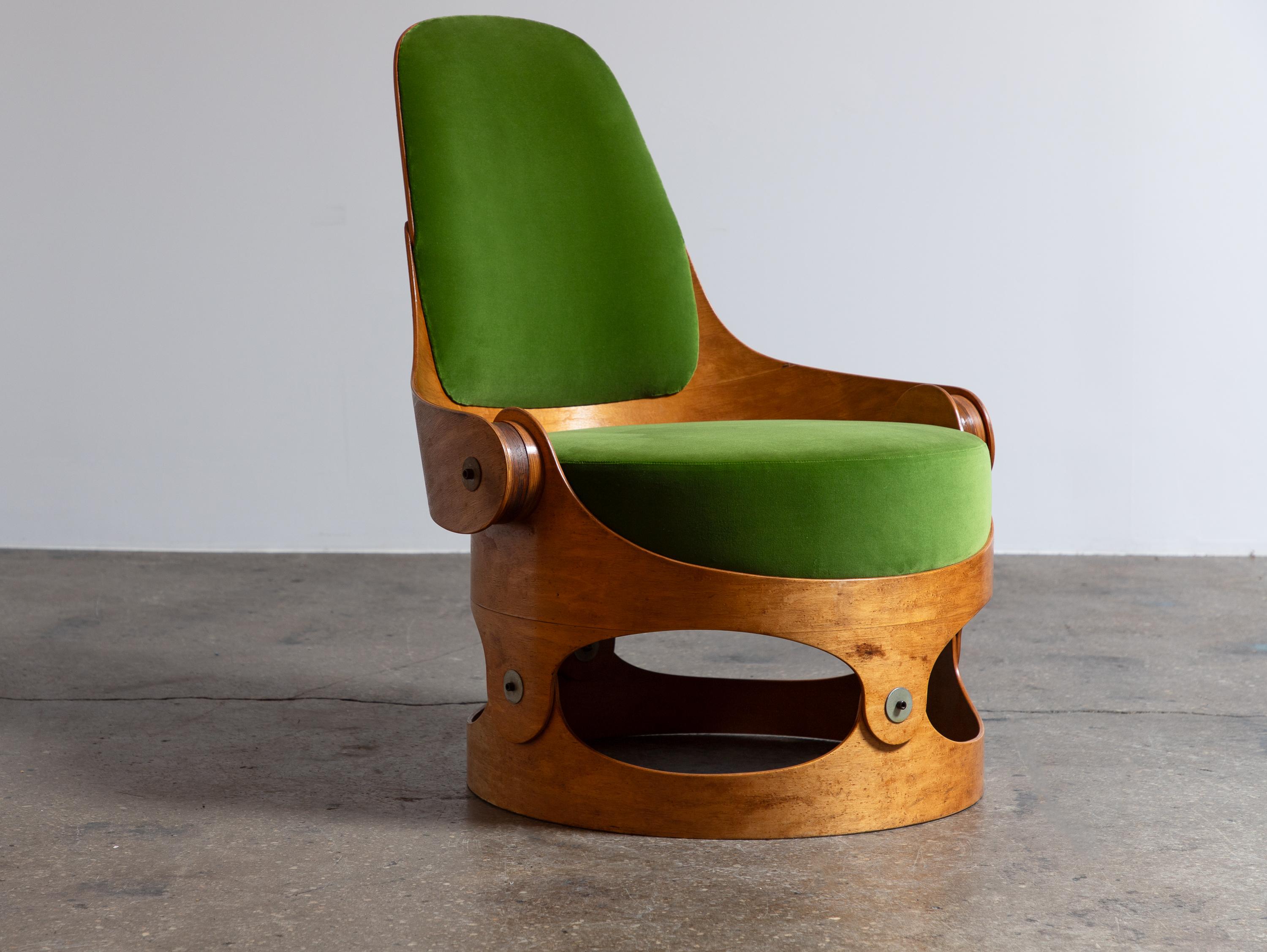 20th Century Leandre Poisson Modernist Bent Plywood Upholstered Chair in Schumacher Velvet For Sale
