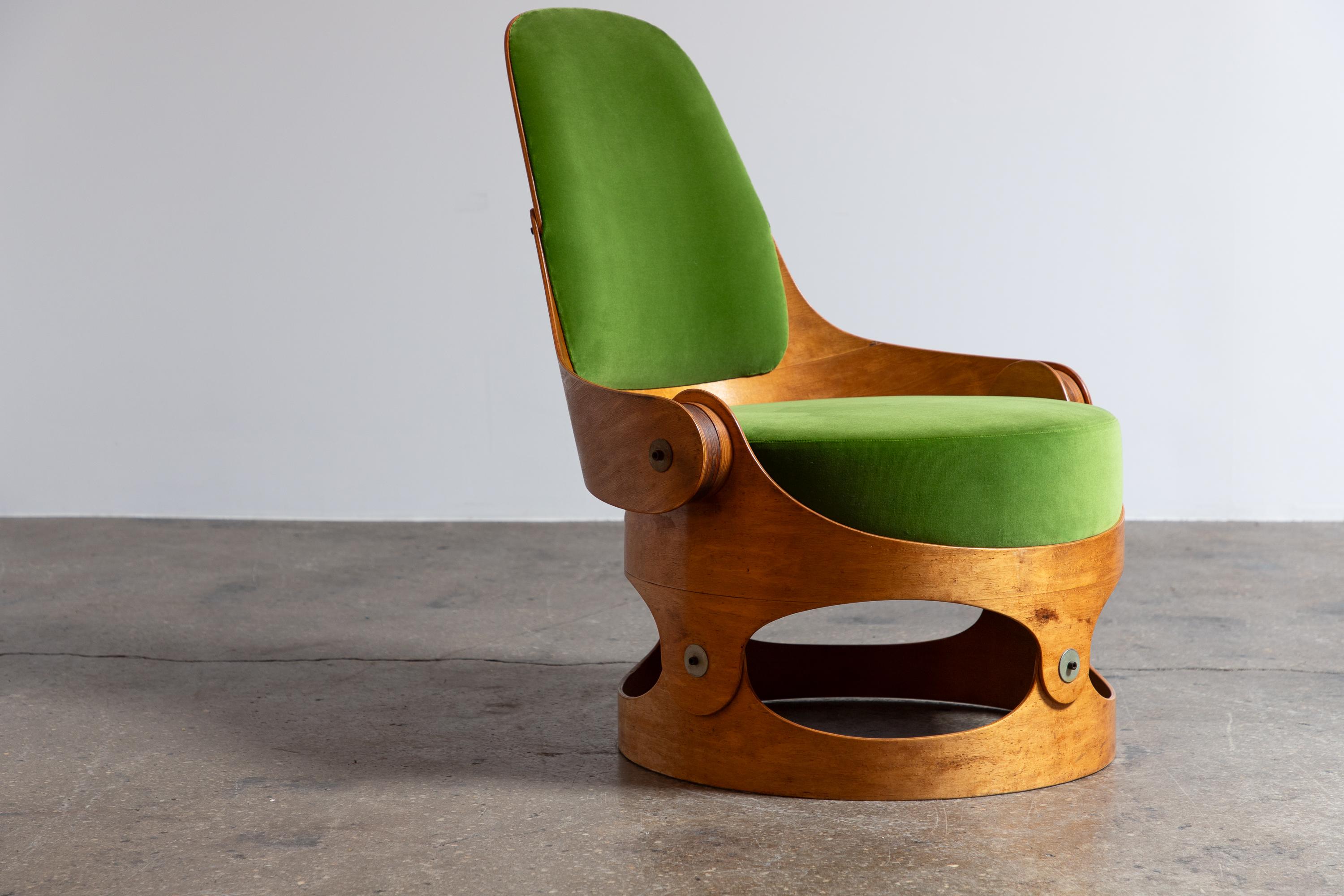 Cane Leandre Poisson Modernist Bent Plywood Upholstered Chair in Schumacher Velvet For Sale