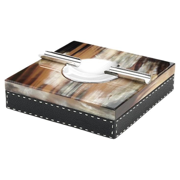 Leandro Ash Tray in Pebbled Leather with Lid in Corno Italiano, Mod. 4443