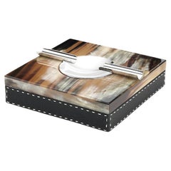 Leandro Ash Tray in Pebbled Leather with Lid in Corno Italiano, Mod. 4443