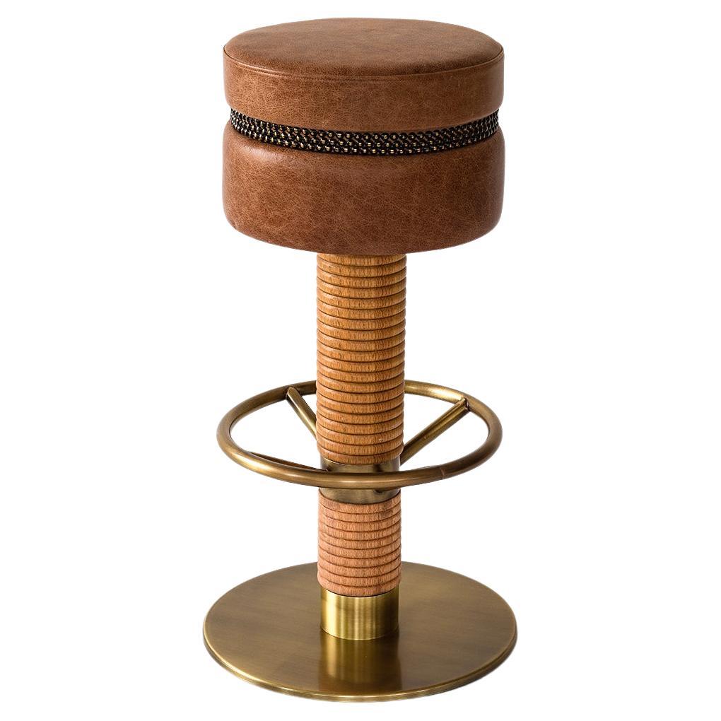 Leandro Bar Stool, Solid Beech Wood with Brass, Upholstered Seat, New
