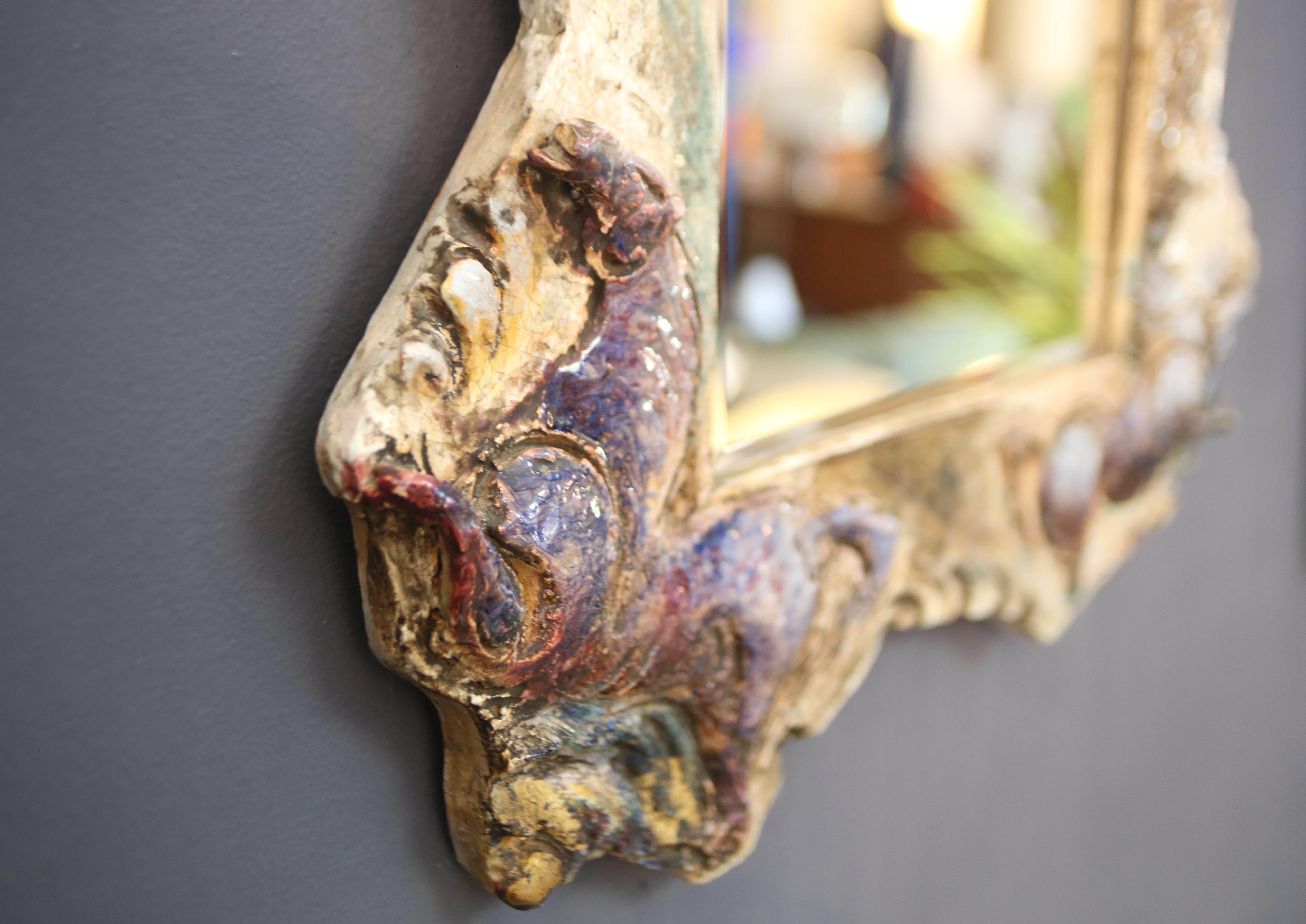 Mid-Century Modern Leandro Sciutto sculptural ceramic mirror from the 1940s, signed, unique piece For Sale