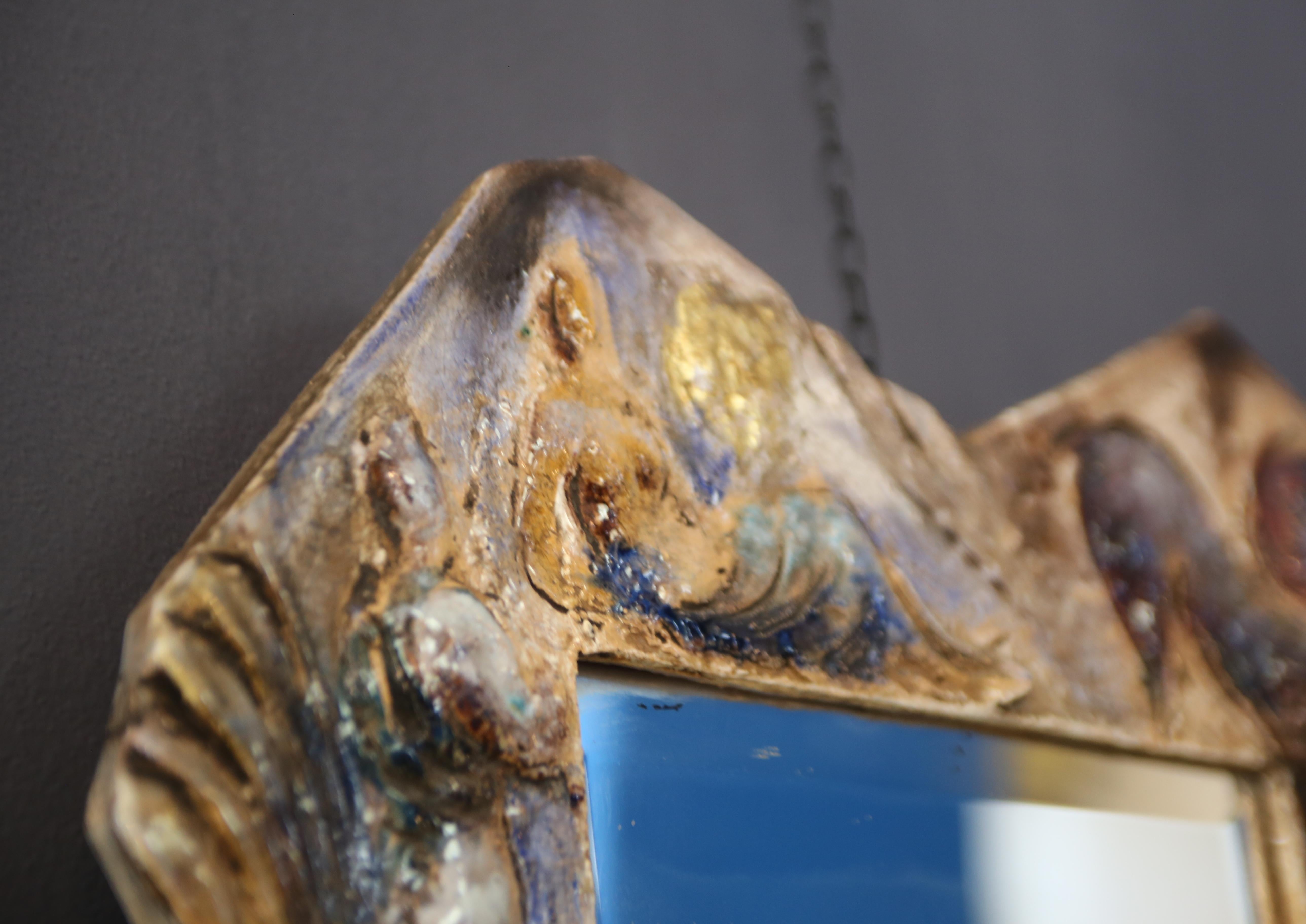 Italian Leandro Sciutto sculptural ceramic mirror from the 1940s, signed, unique piece For Sale