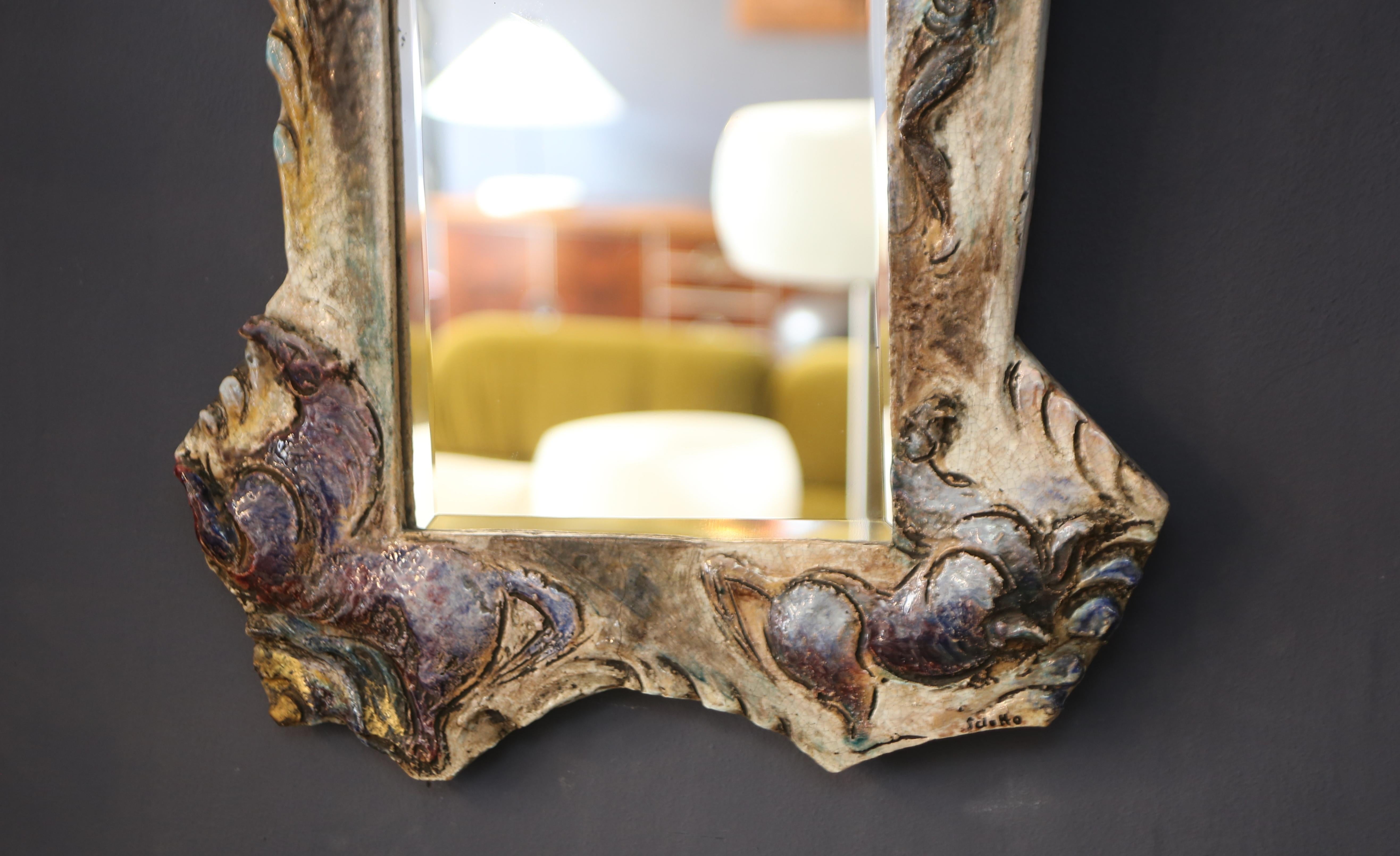 Leandro Sciutto sculptural ceramic mirror from the 1940s, signed, unique piece In Good Condition For Sale In Vigevano, PV