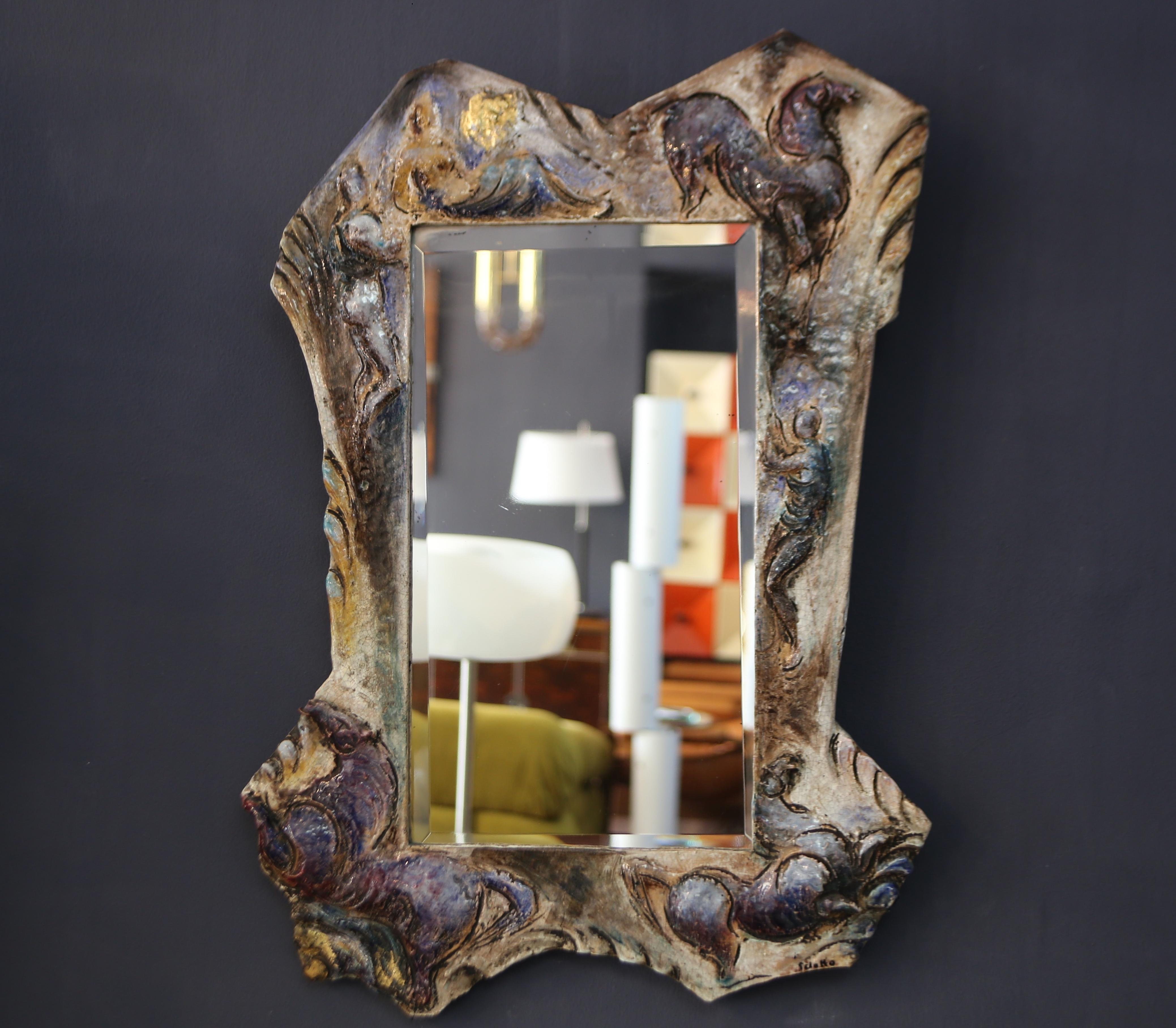 Mid-20th Century Leandro Sciutto sculptural ceramic mirror from the 1940s, signed, unique piece For Sale