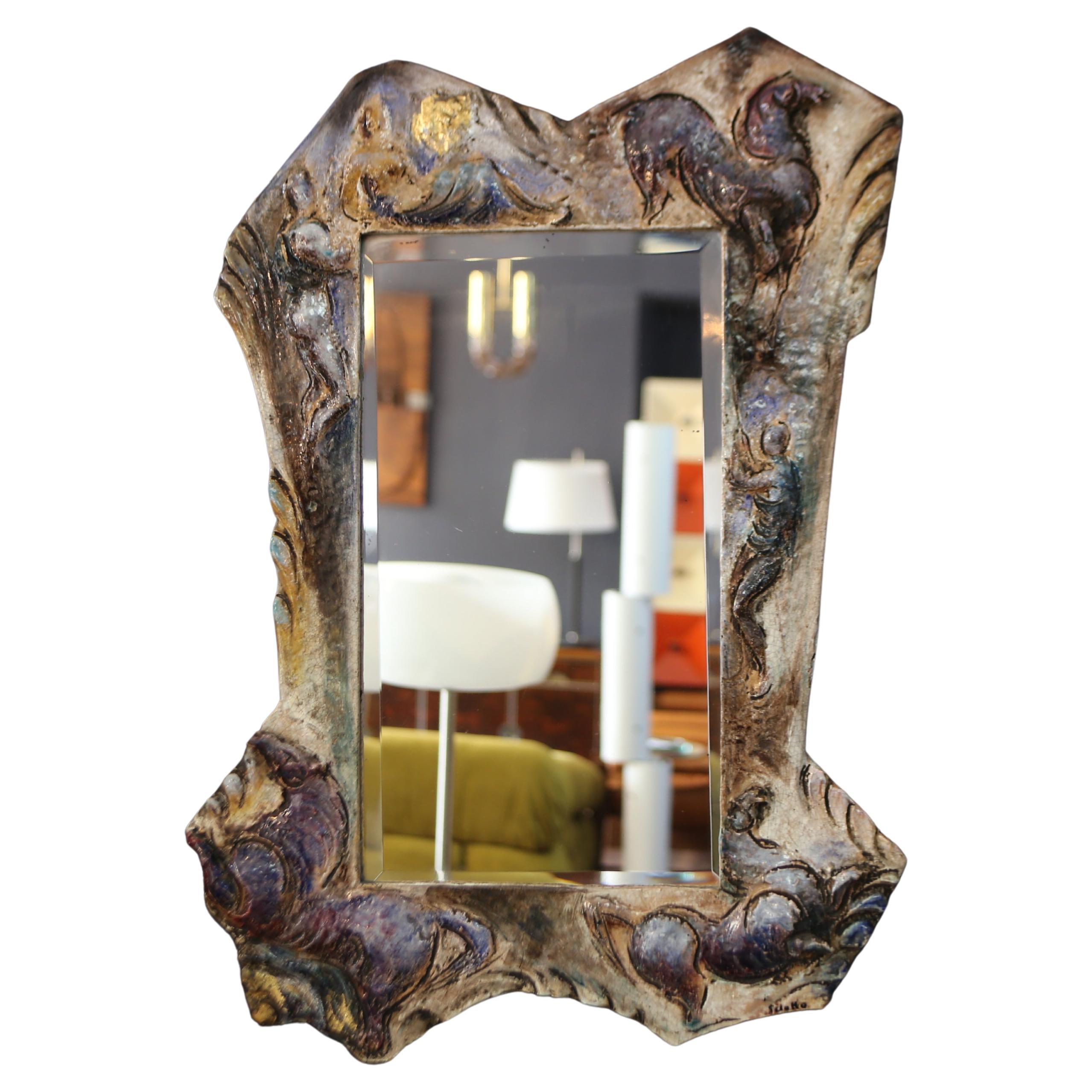 Leandro Sciutto sculptural ceramic mirror from the 1940s, signed, unique piece For Sale