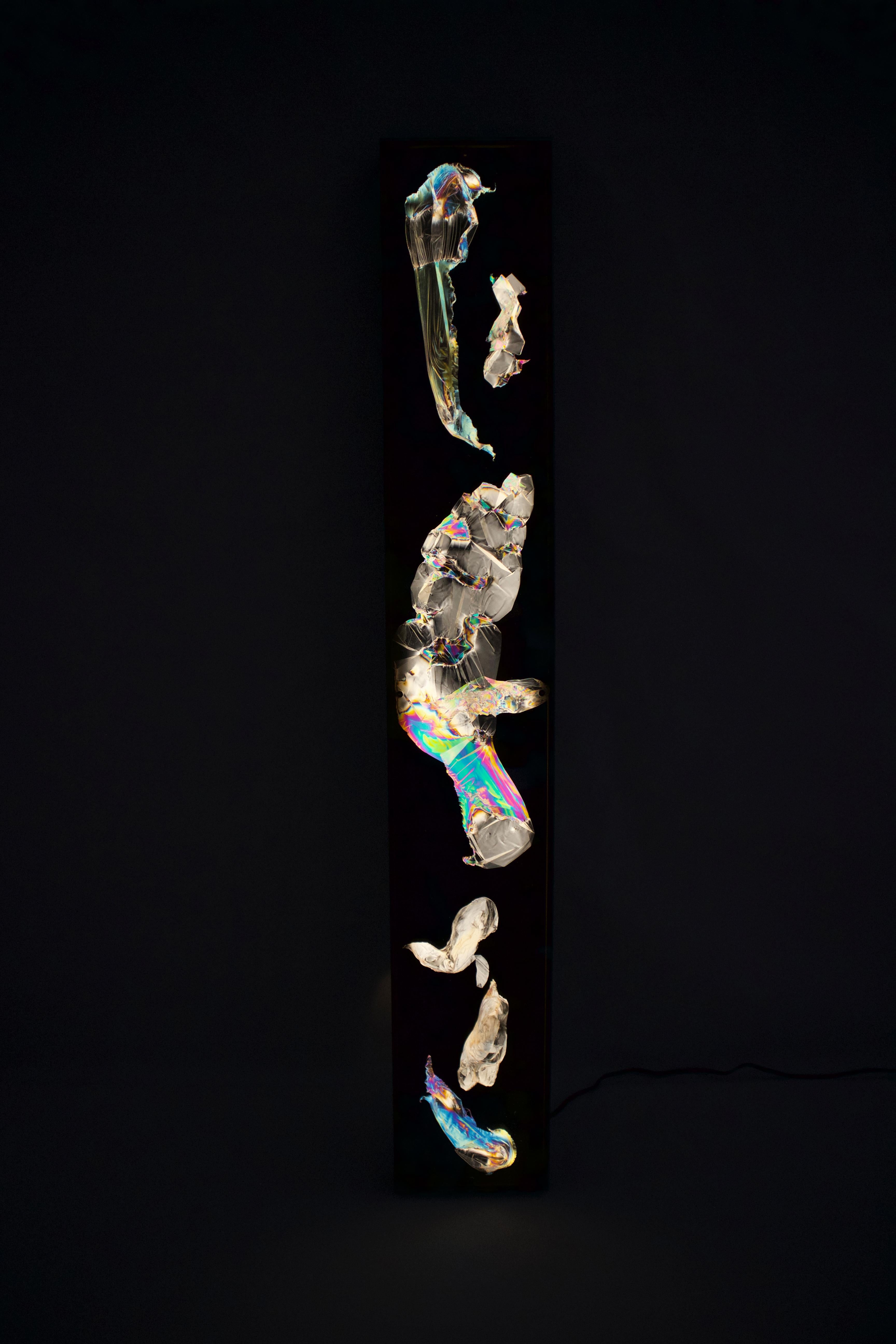 Leaning lamp by Kajsa Willner
Dimensions: 100 x 14 x 4cm
Materials: polarized filters, disposable plastic

Polarized Portraits
Polarized portraits is a set of wall lights and lamps that use polarized light to reveal stress patterns in clear