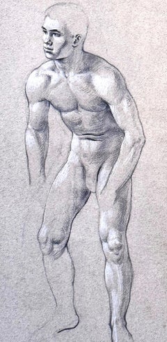 "Leaning Over", Superb Mid Century Drawing with Male Nude by Paul Stone, 1959