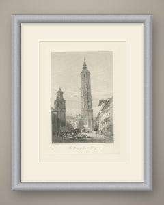 Leaning Tower, Saragossa, Spain, Antique Engraving after E. George, circa 1878