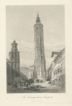 Leaning Tower, Saragossa, Spain, Antique Engraving after E. George, circa 1878