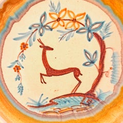 "Leaping Deer", Large, Rare Art Deco Low Bowl in Yellow and Blue, Finland
