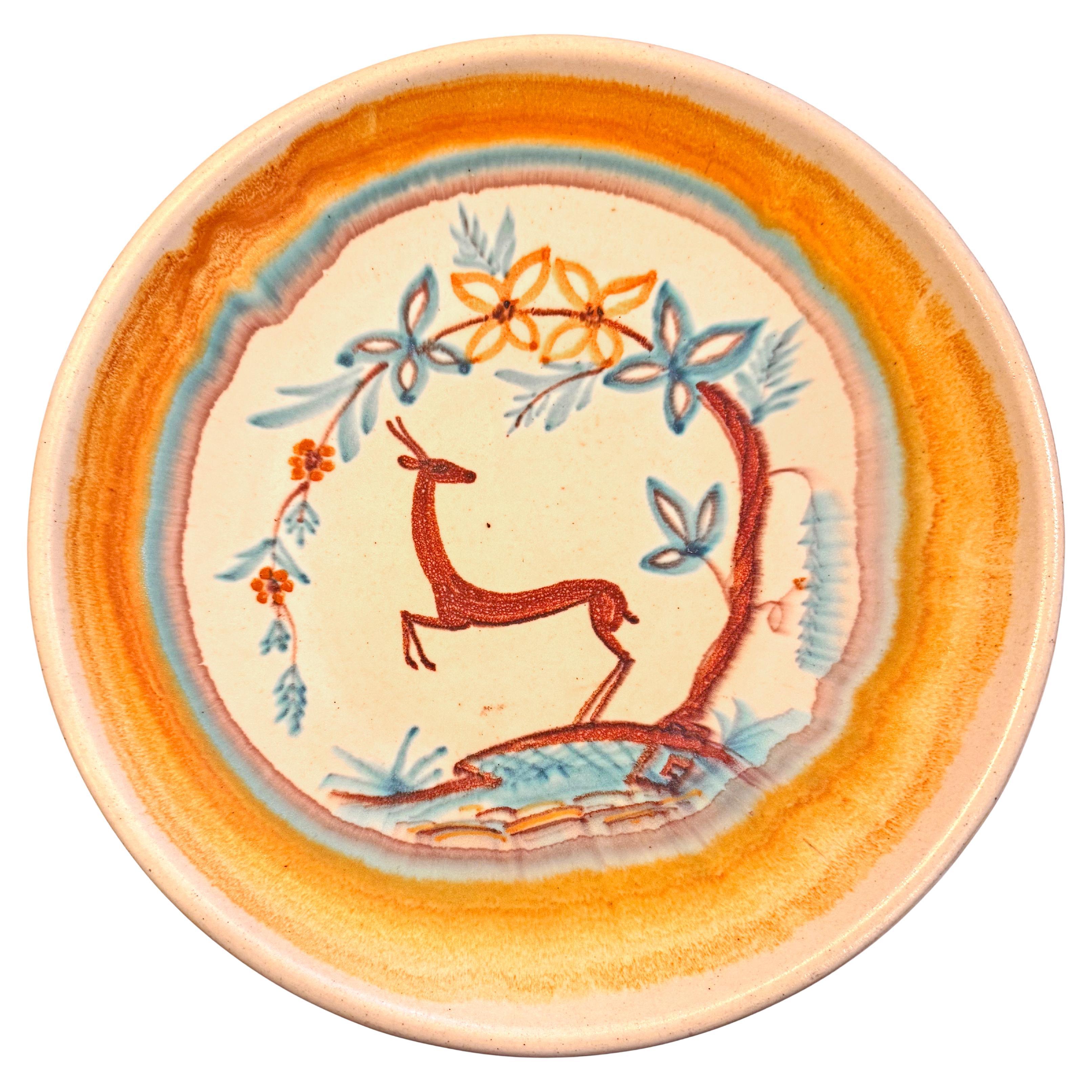 "Leaping Deer", Large, Rare Art Deco Low Bowl in Yellow and Blue, Finland For Sale