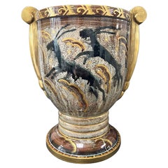 "Leaping Gazelles, " Early, Richly Glazed Art Deco Urn in Black and Gold, Sweden