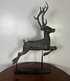 Vintage Copper Leaping Stag Weathervane, Distressed Patina, 1940s