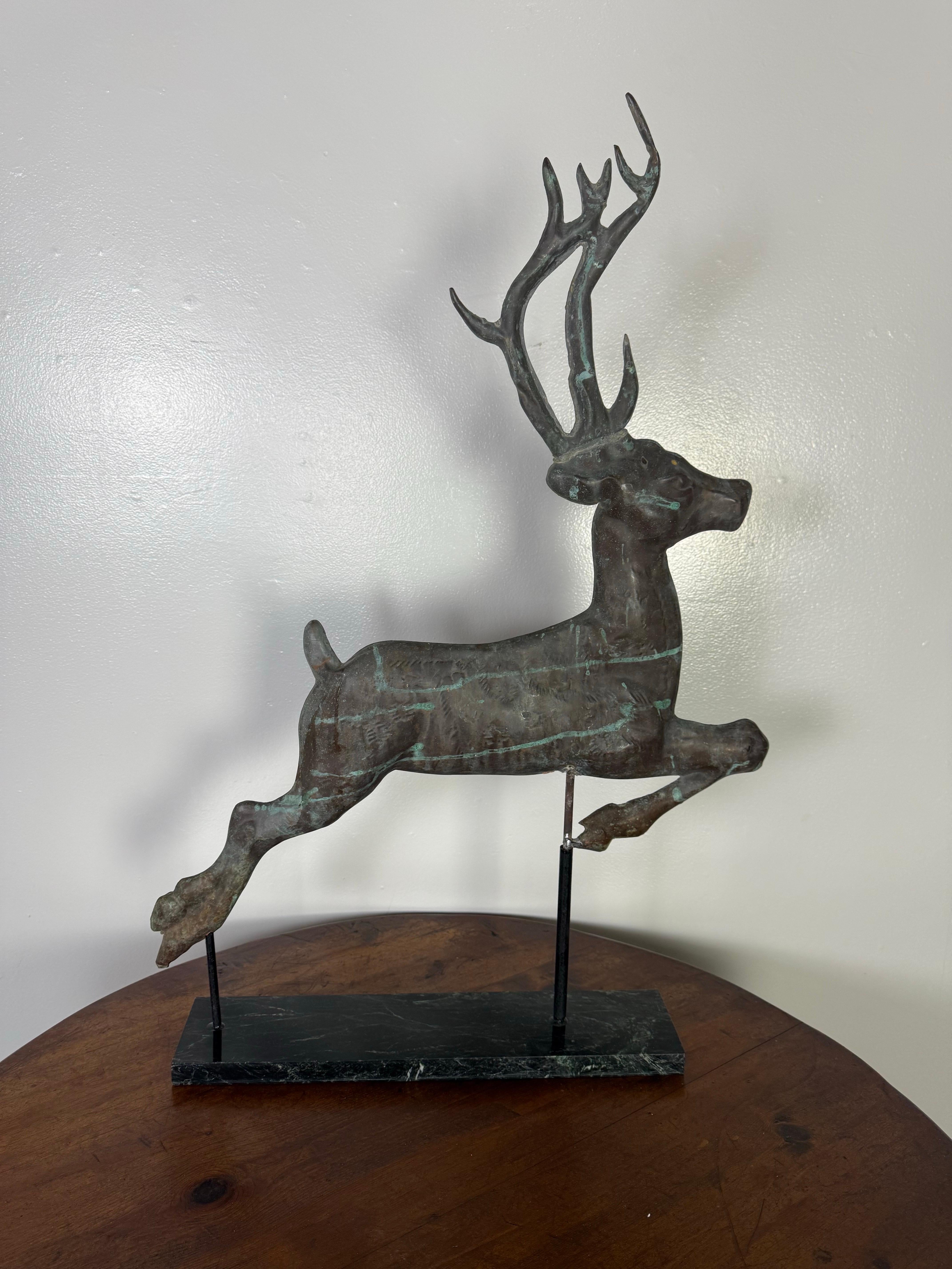 Folk Art Leaping Stag Weathervane Mounted on Marble Base C. 1940's For Sale