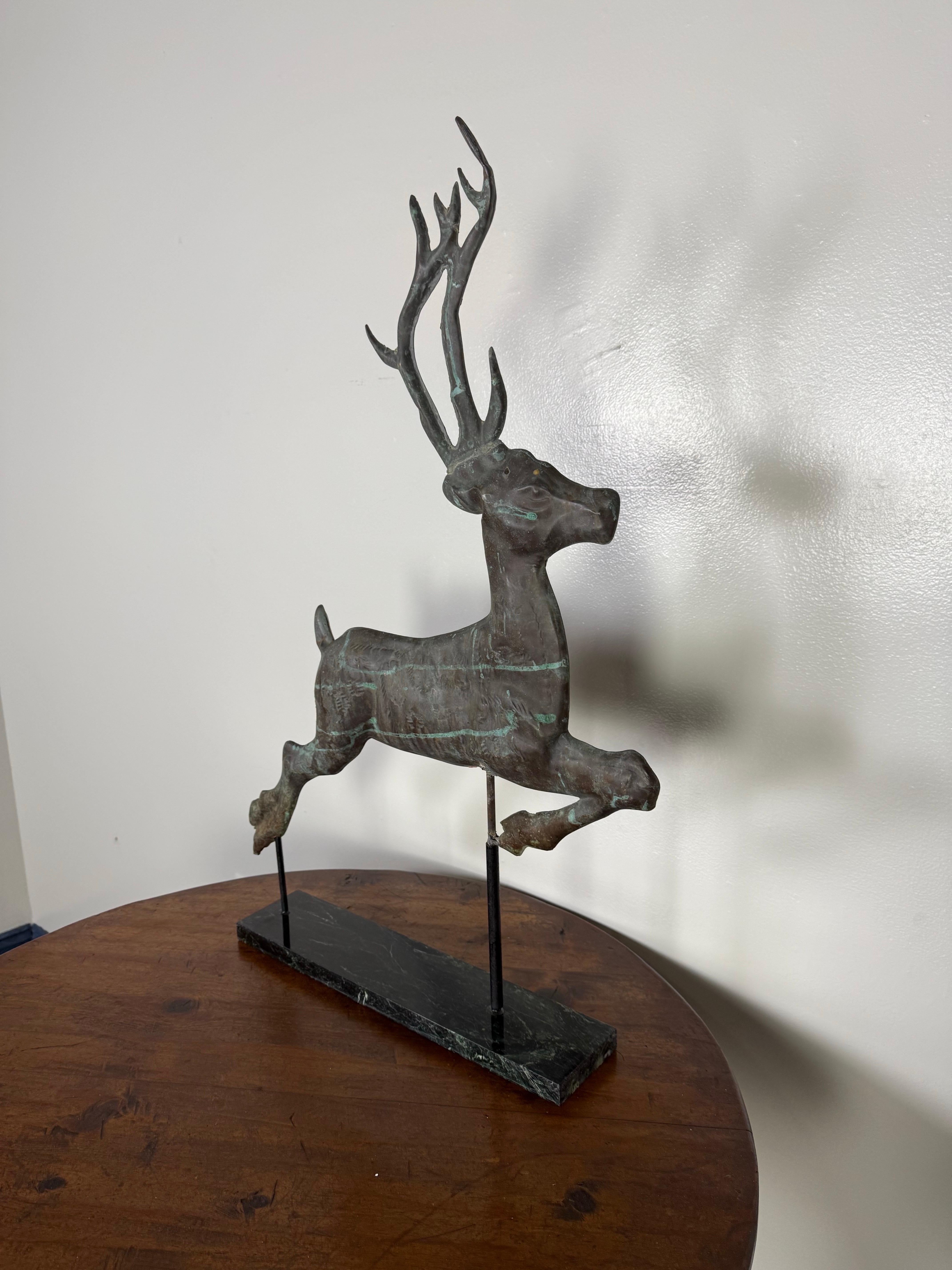 American Leaping Stag Weathervane Mounted on Marble Base C. 1940's For Sale