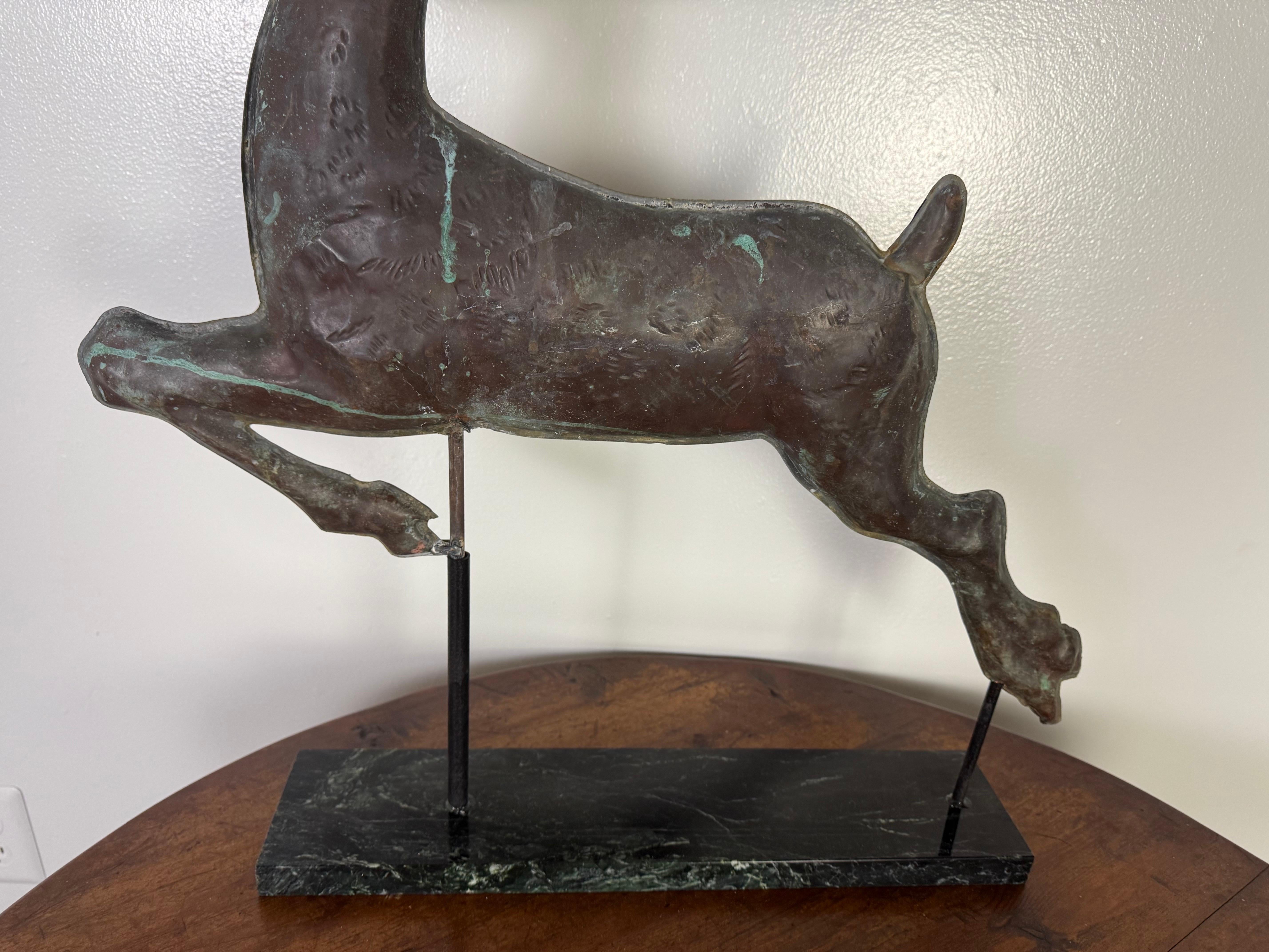 Leaping Stag Weathervane Mounted on Marble Base C. 1940's In Distressed Condition For Sale In Los Angeles, CA