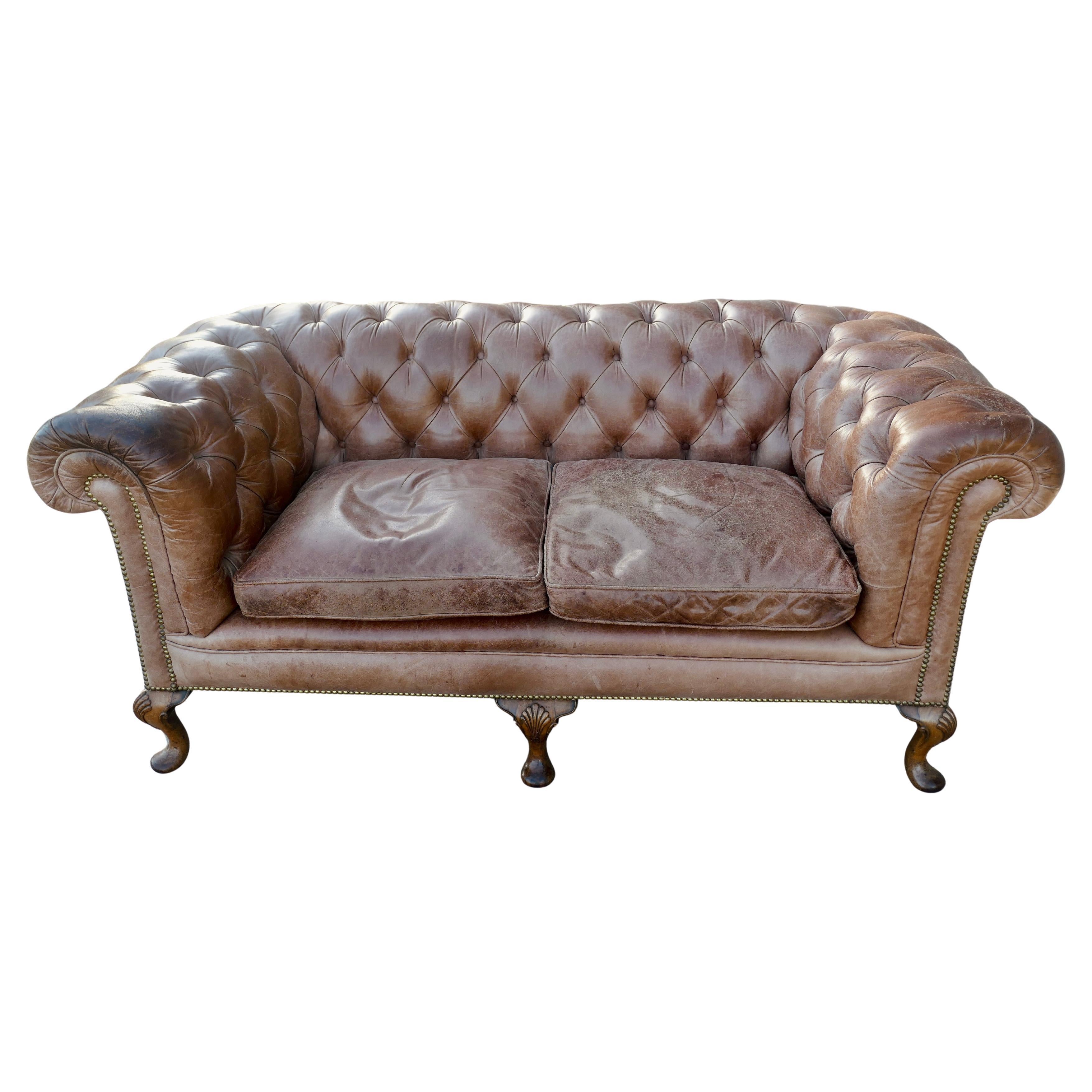 Leather 2 Seater Library Chesterfield  Settee For Sale