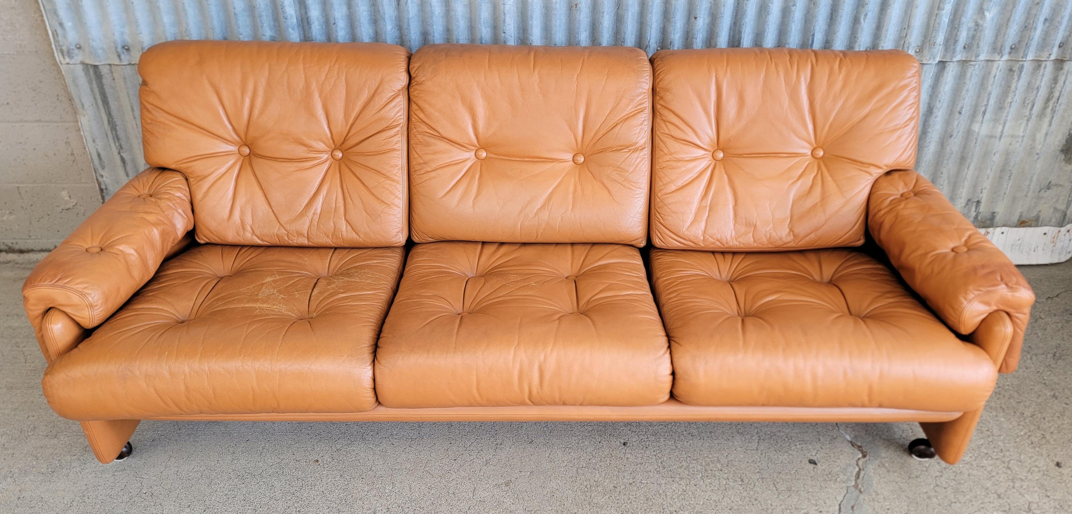Italian Leather 3 Seat Sofa Attributed to Tobia Scarpa For Sale