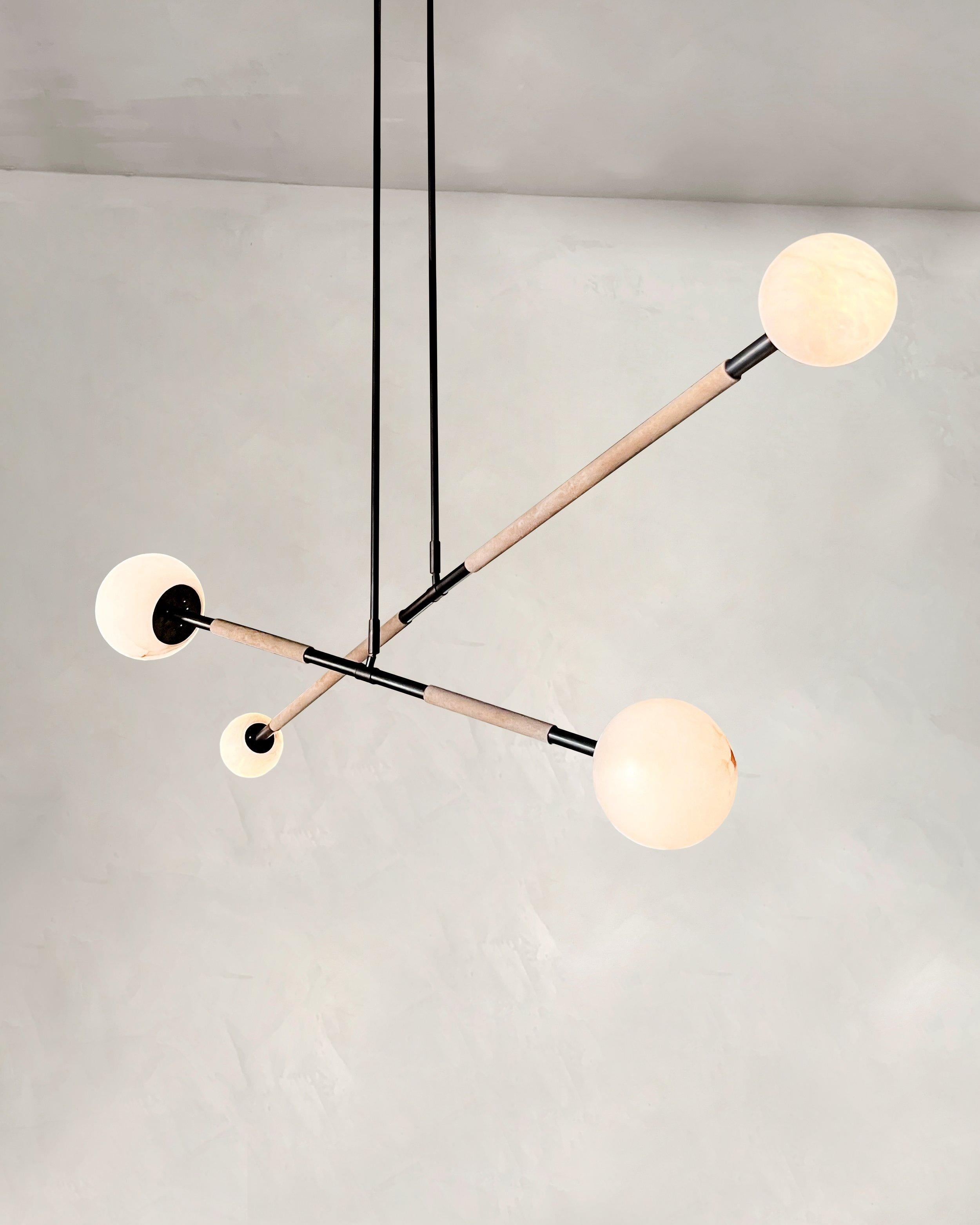 Leather and Alabaster Mobile Chandelier by Contain
Dimensions: D 185 x W 185 x H 300 cm (custom length).
Materials: Alabaster, brass and leather.

Brass structure, leather and brass. Also available without leather. Dimensions are customizable.
