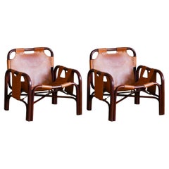 Leather and Bamboo Armchairs by Tito Agnoli Prod. by Bonacina, 1960 'Set of 2'