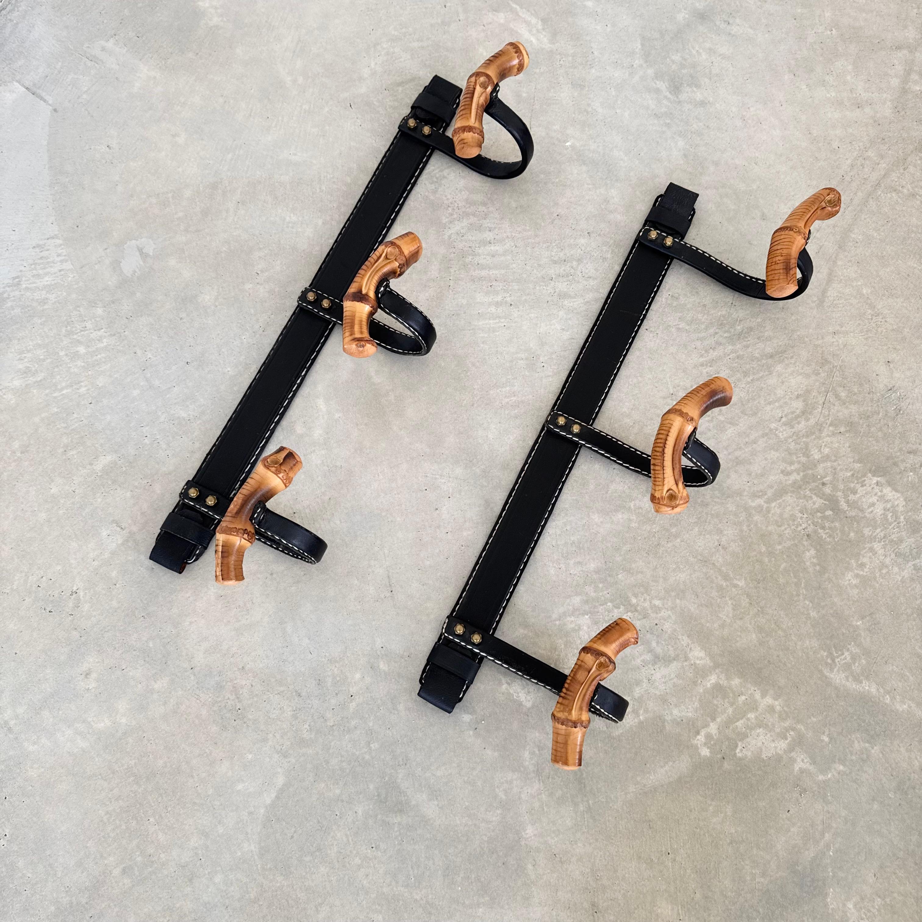 Leather and Bamboo Coat Rack by Jacques Adnet, 1950s France In Good Condition For Sale In Los Angeles, CA