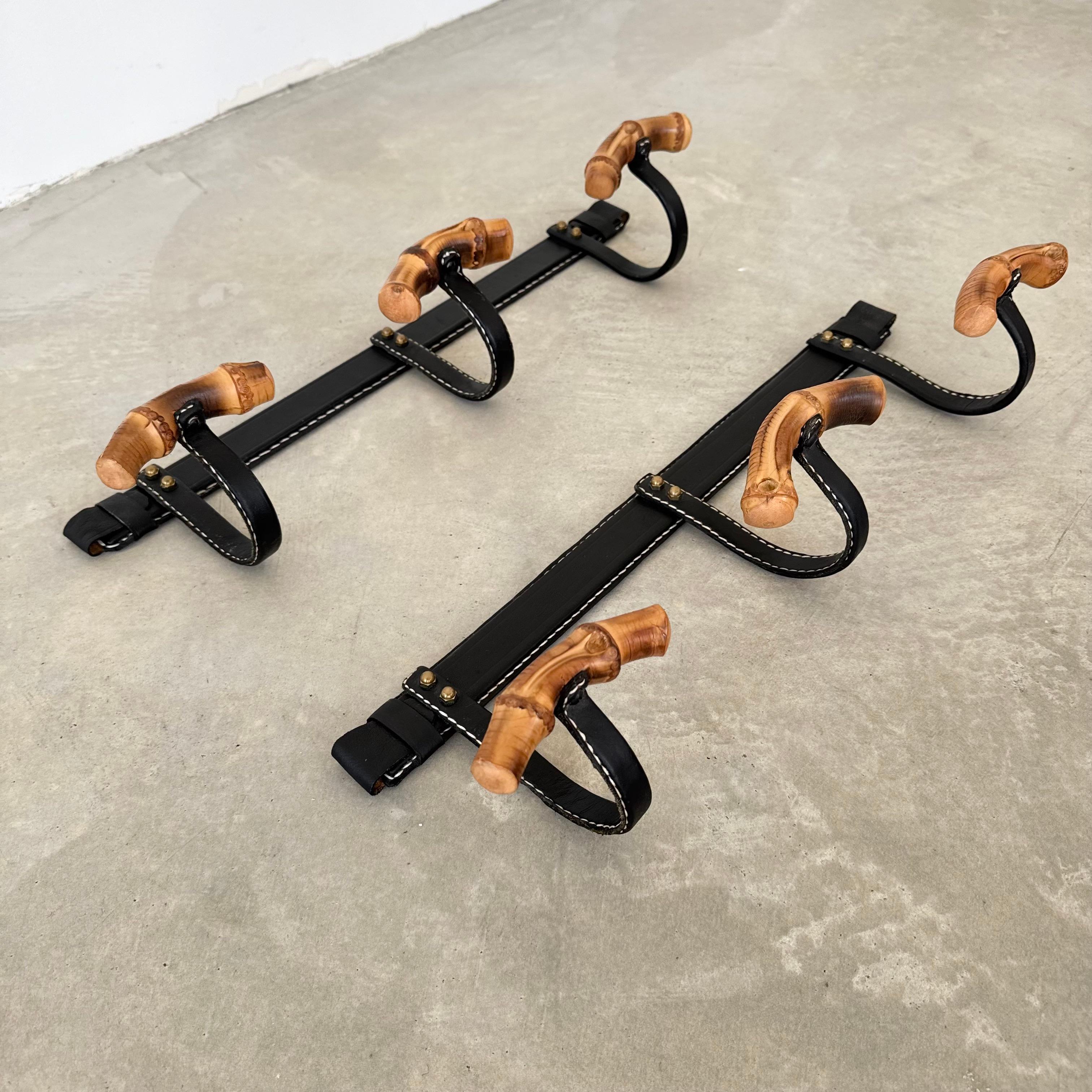 Mid-20th Century Leather and Bamboo Coat Rack by Jacques Adnet, 1950s France For Sale