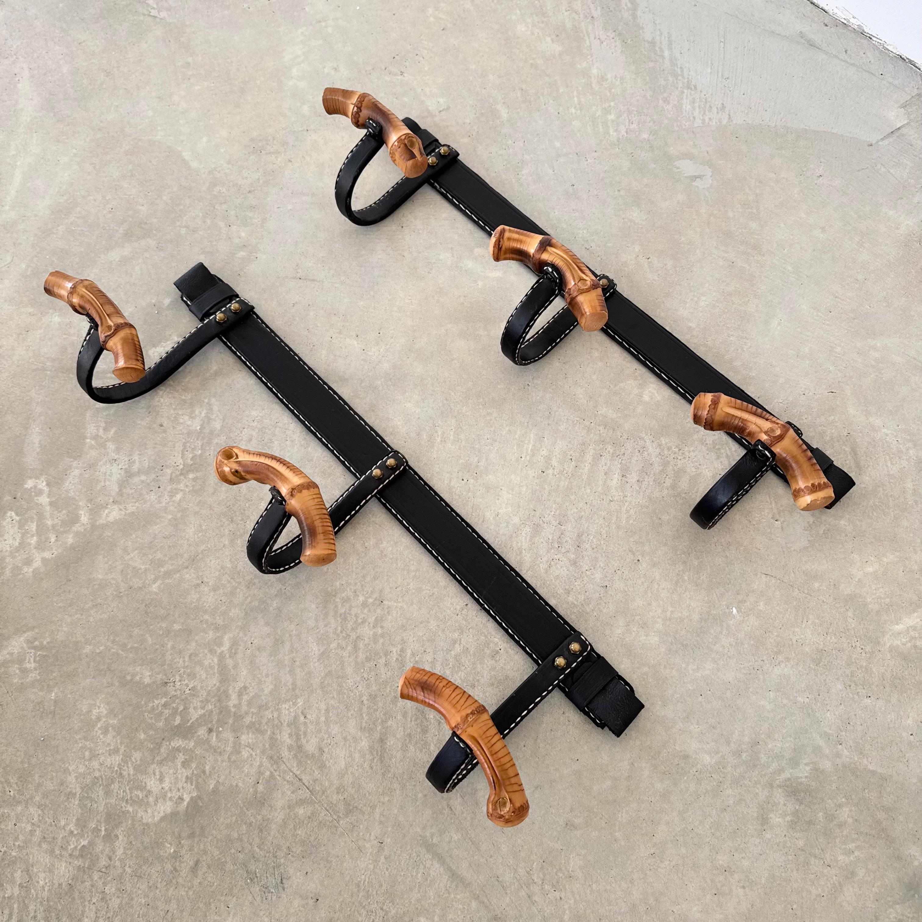 Iron Leather and Bamboo Coat Rack by Jacques Adnet, 1950s France For Sale