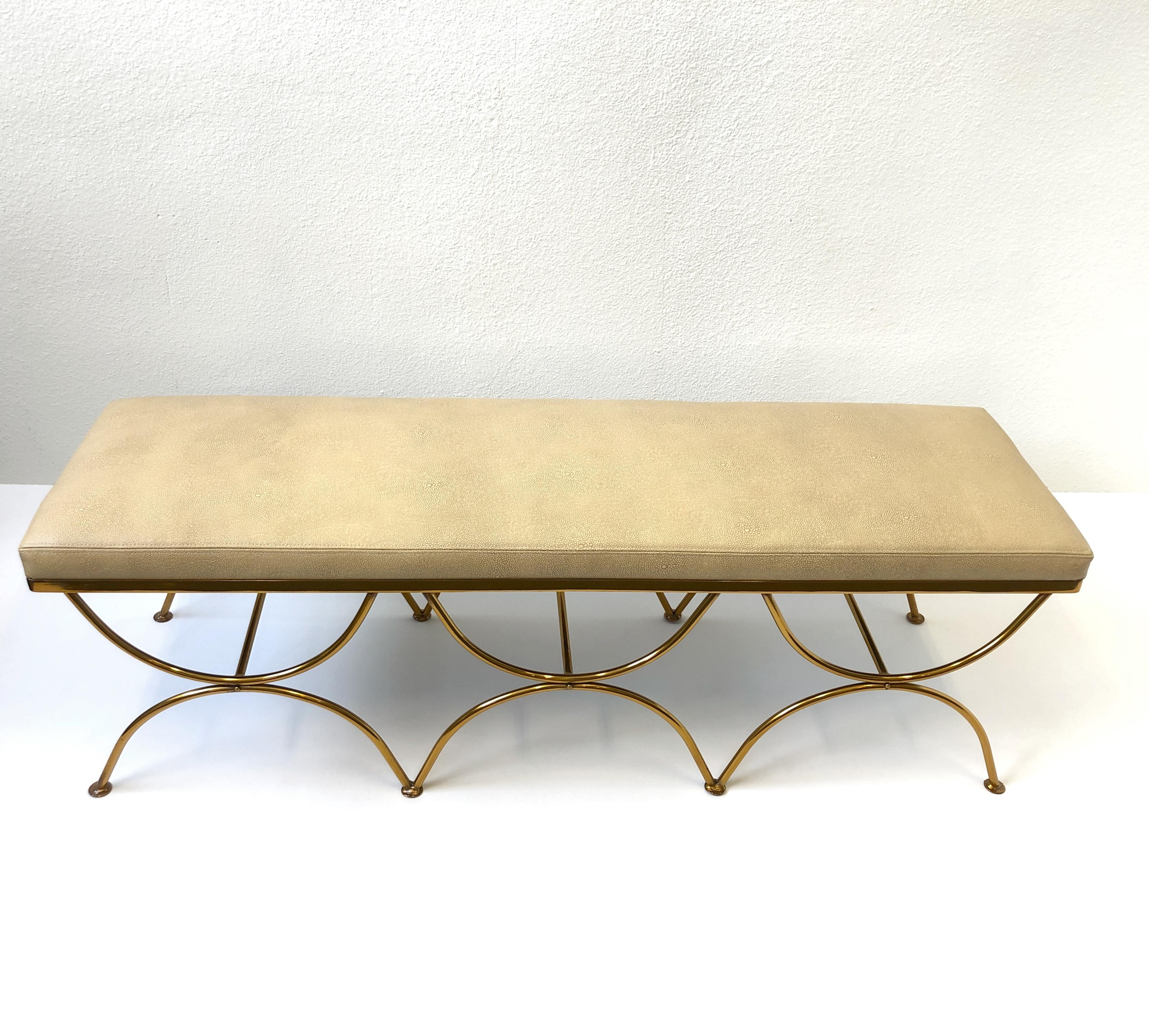 Mid-Century Modern Leather and Brass Bench