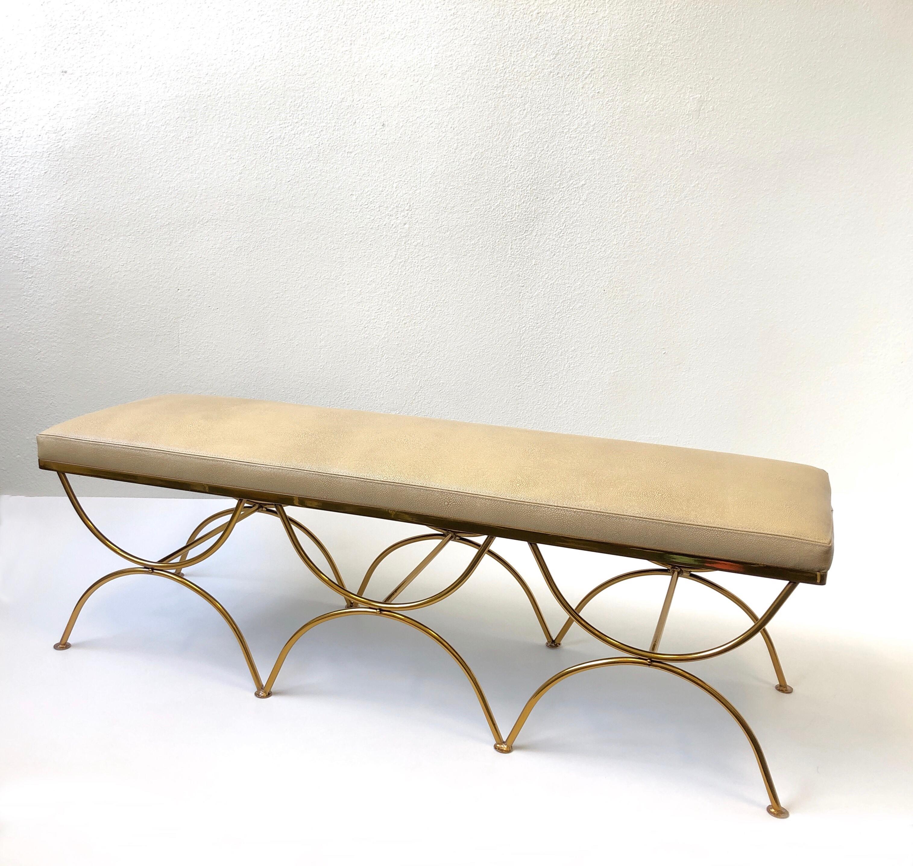 American Leather and Brass Bench