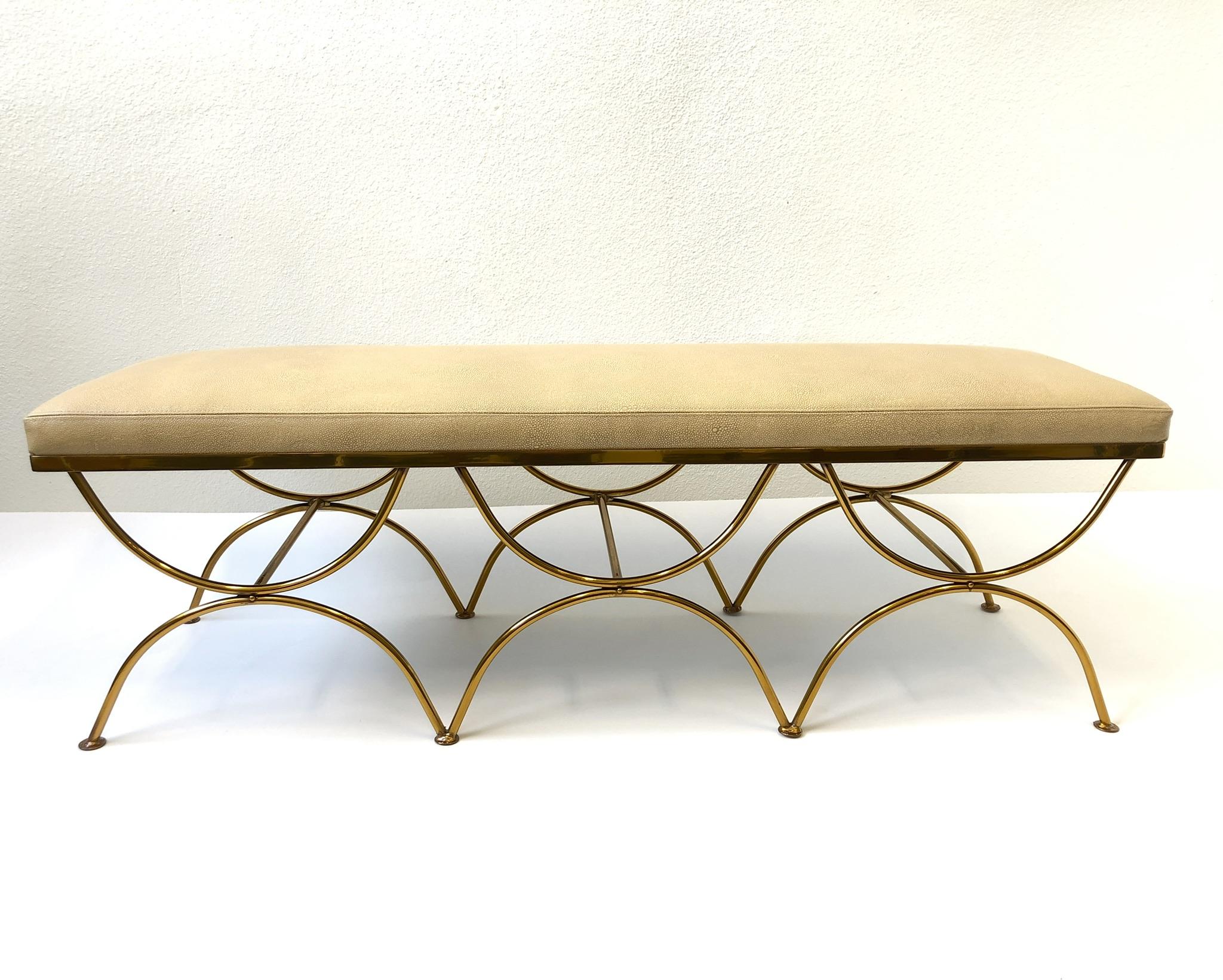 Leather and Brass Bench In Excellent Condition In Palm Springs, CA