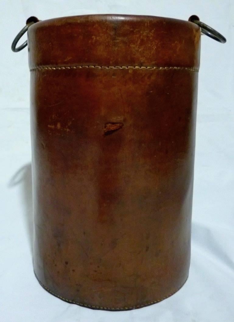 Leather and Brass Champagne Bottle Holder by Jacque Adnet In Excellent Condition In Los Angeles, CA