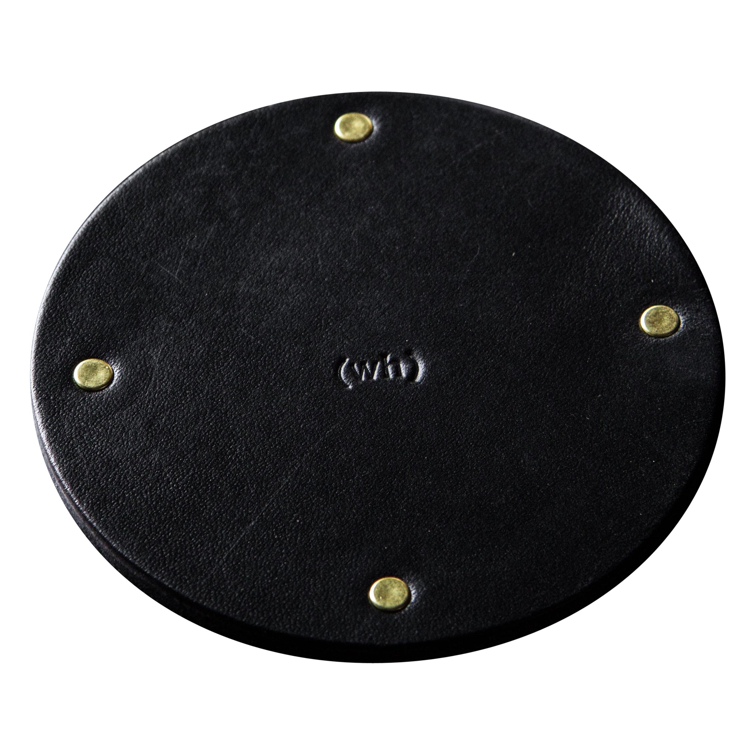 Leather and Brass Coaster Set of 6, Black For Sale