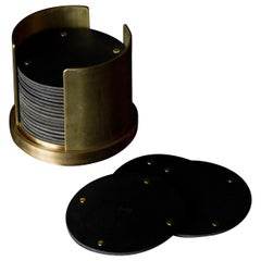 Leather and Brass Coaster Set 'Set of 16' Black