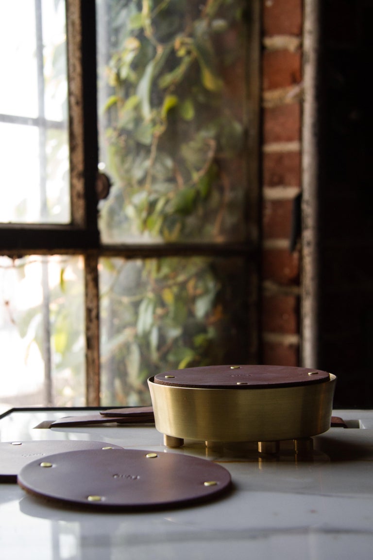 Leather and Brass Coaster Set (Set of 6) Brown For Sale at 1stDibs