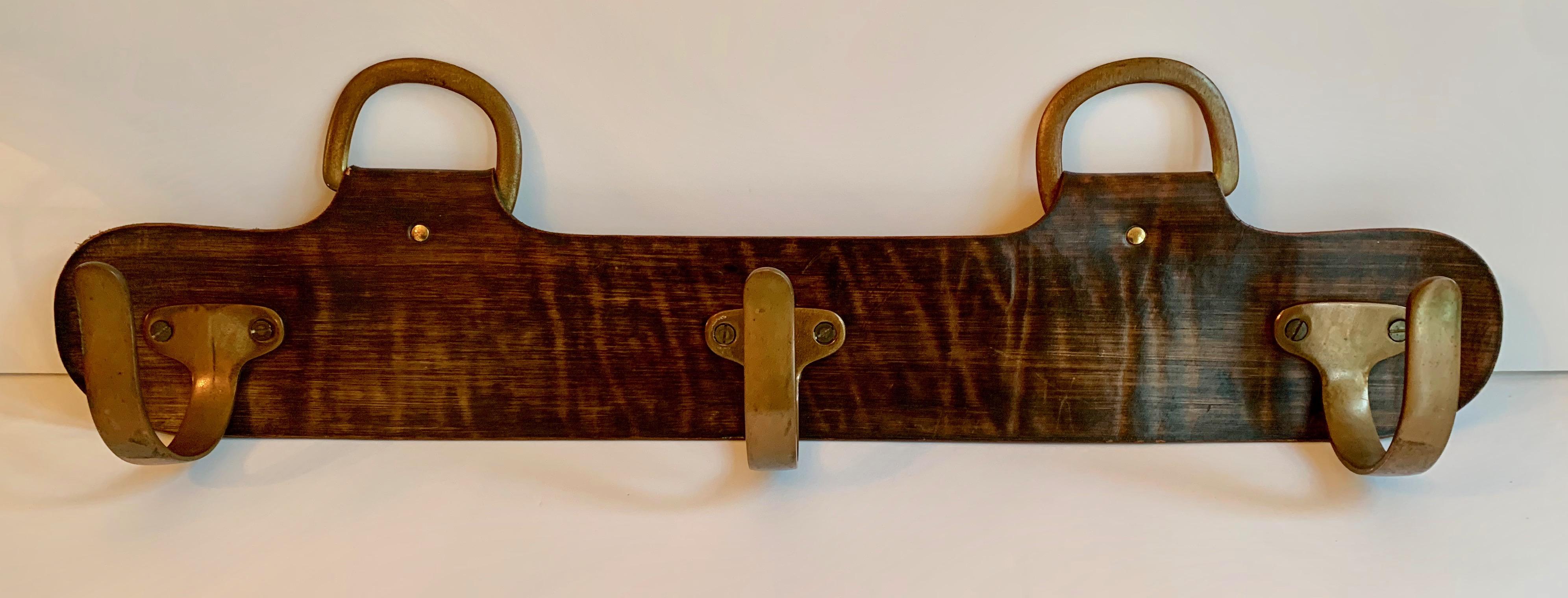 Rustic Leather and Brass Coat Hook Rack in the Manner of Adnet
