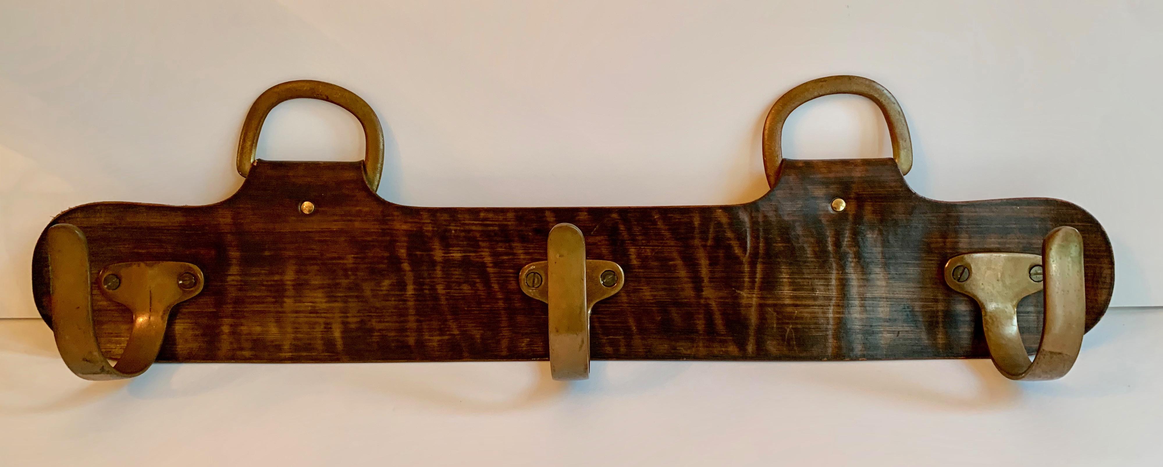 Leather and Brass Coat Hook Rack in the Manner of Adnet In Good Condition In Los Angeles, CA