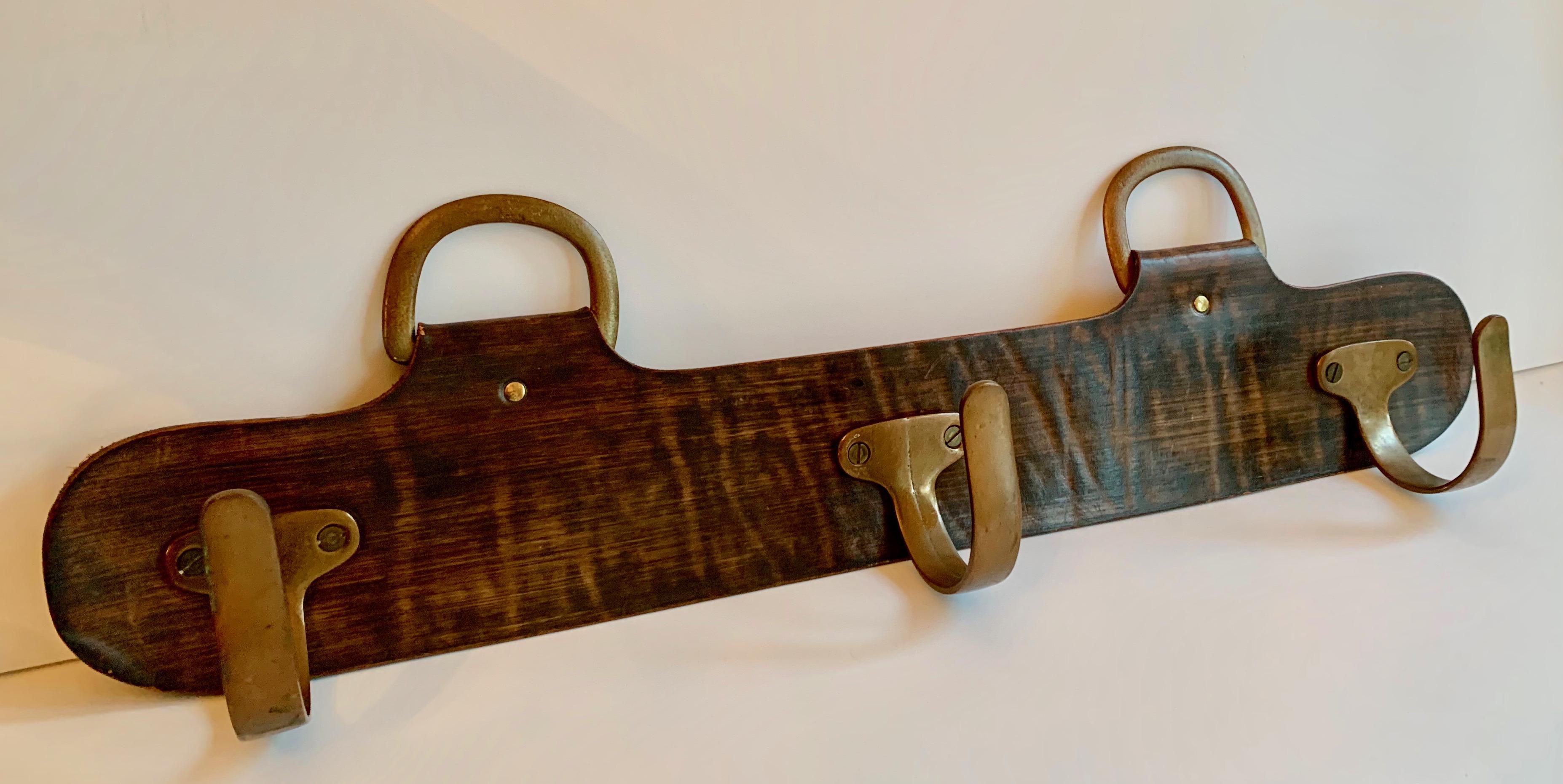 20th Century Leather and Brass Coat Hook Rack in the Manner of Adnet