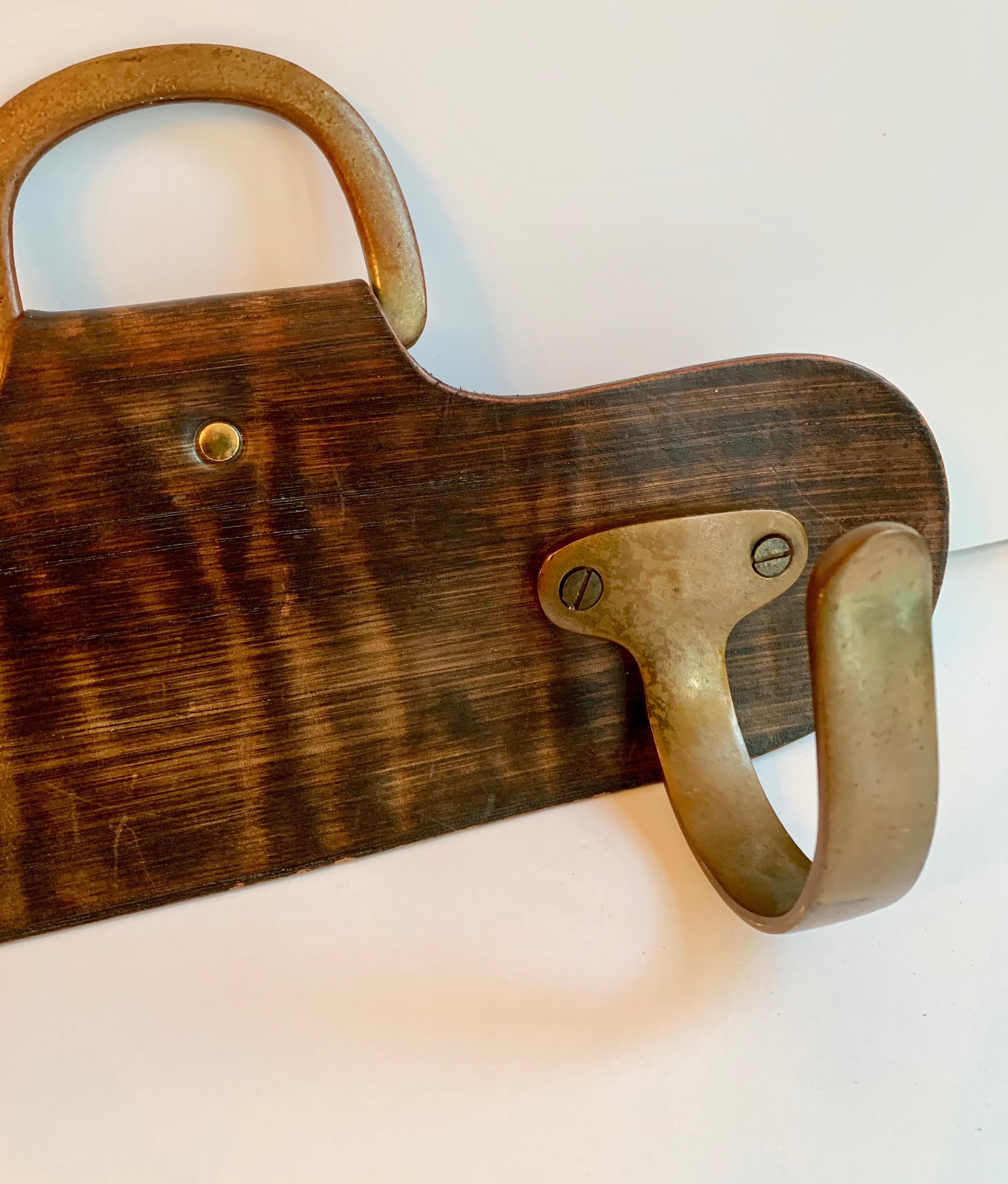 Leather and Brass Coat Hook Rack in the Manner of Adnet 1